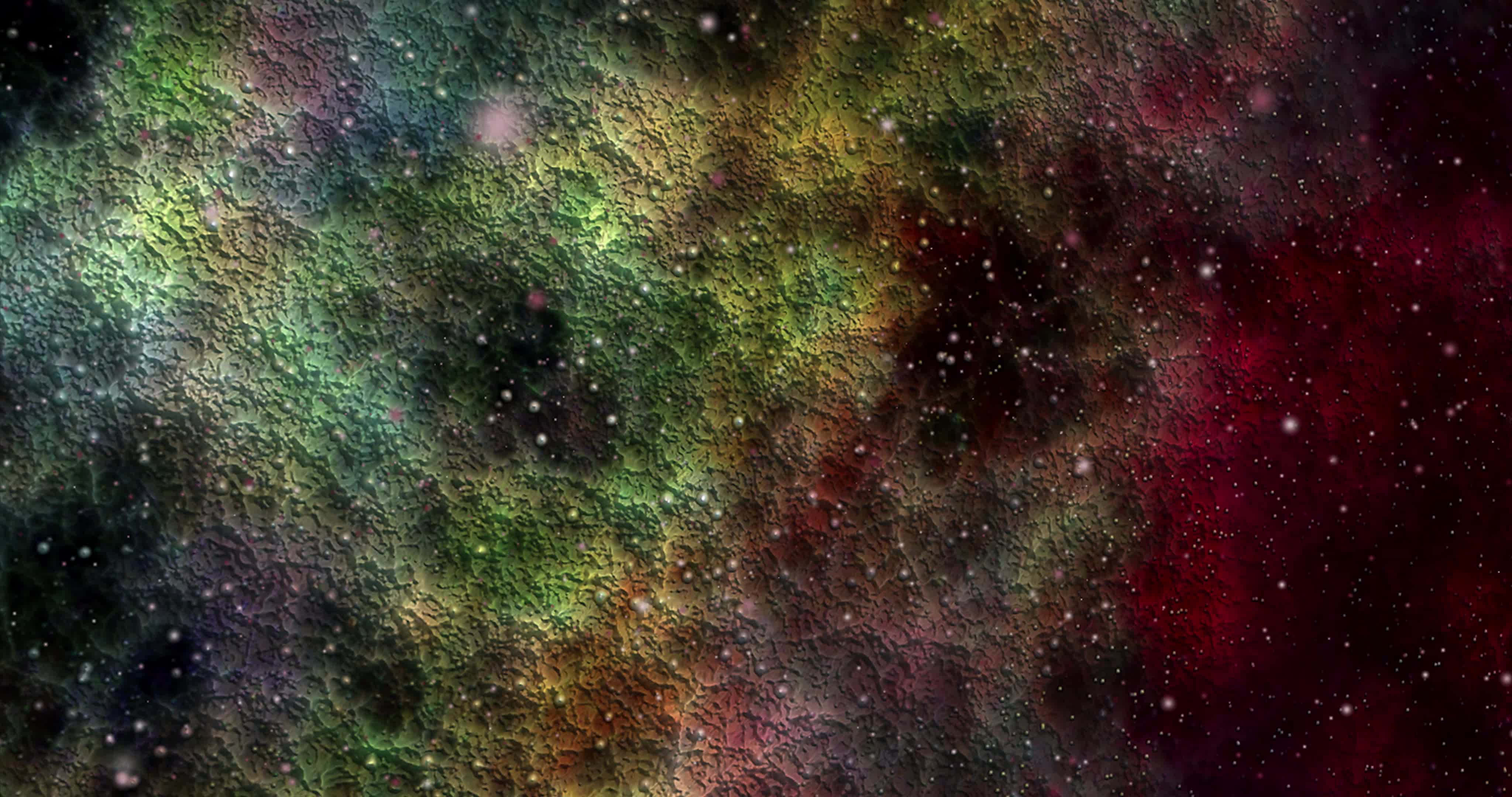 Beautiful Galaxy 桌布 壁紙 — 充滿活力的宇宙星雲，有旋轉的綠色、紅色和黑色雲層，點綴著發光的星星。