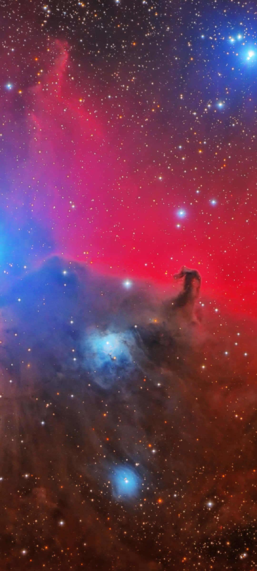 Orion 桌布 壁紙 — 充滿活力的宇宙星雲，有發光的紅色、藍色和橙色雲團圍繞著明亮的恆星和一個黑暗的馬頭剪影旋轉。