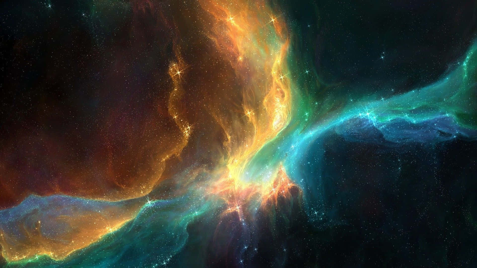 Deep Space 桌布 壁紙 — 充滿活力的宇宙星雲，火橙色和電光藍綠色的雲朵在佈滿星星的黑色虛空中旋轉。