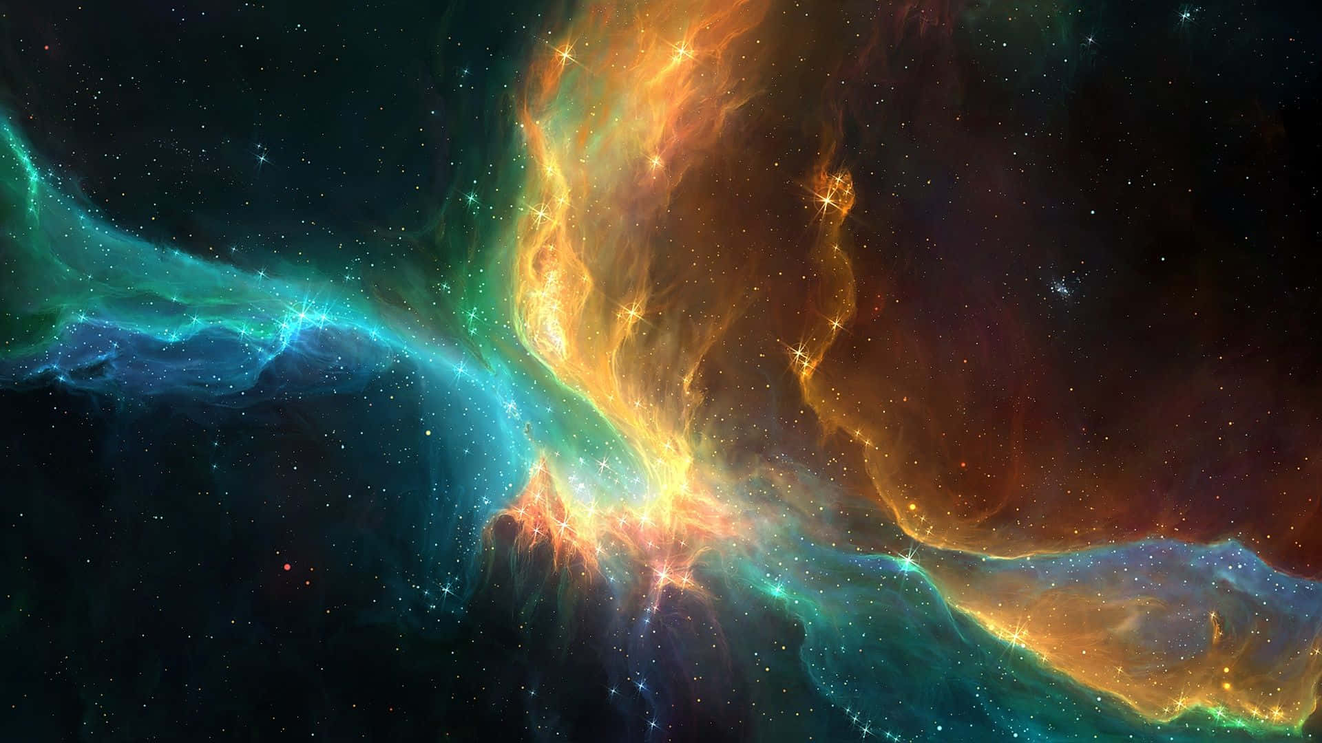 Space Nebula 桌布 壁紙 — 充滿活力的宇宙星雲，火橙色和電光藍綠色的雲層在星空中旋轉。