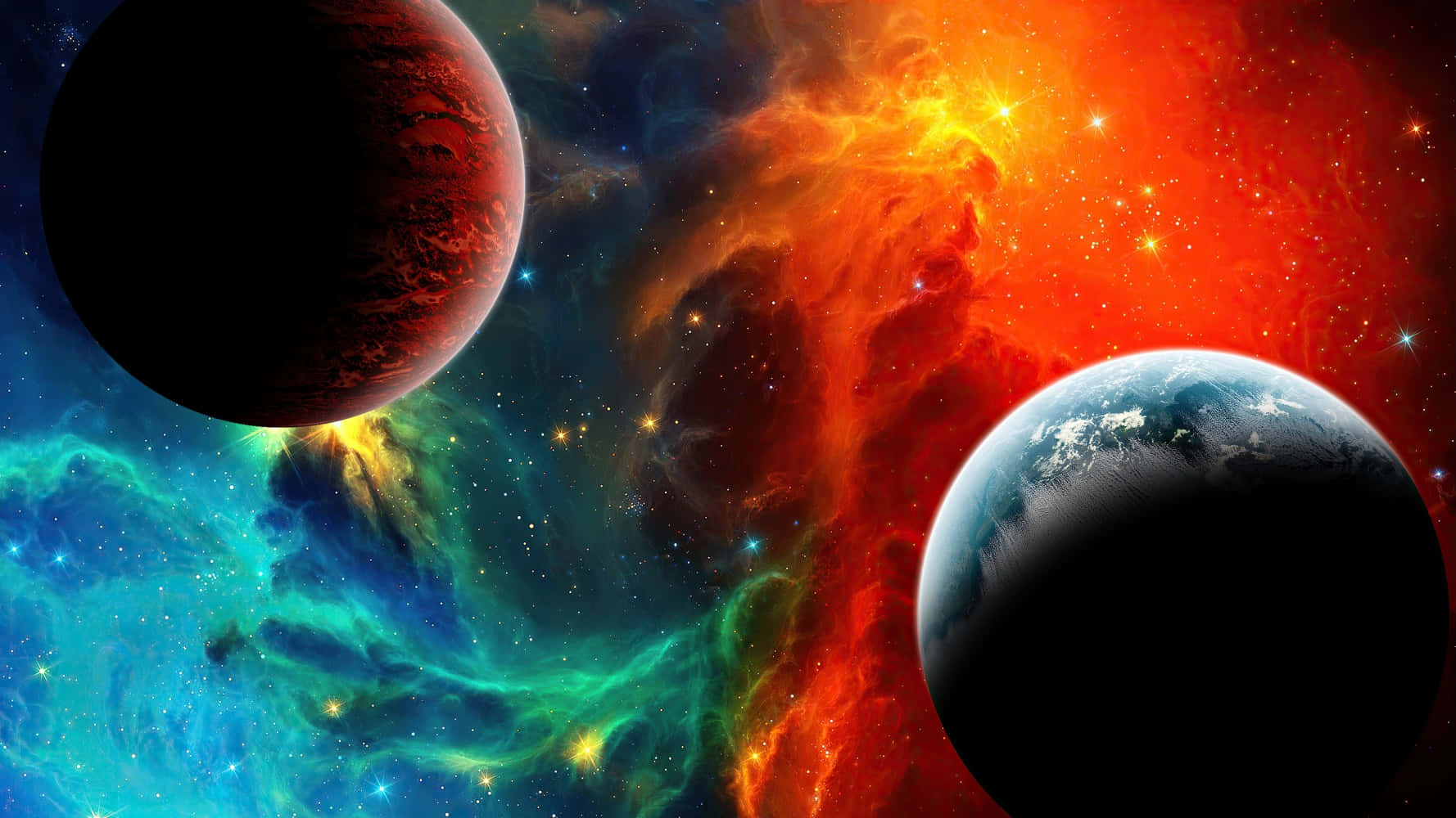 酷炫太空 桌布 壁紙 — 充滿活力的宇宙星雲，火橙色和電藍色的雲團在兩顆行星之間旋轉，一顆紅色紋理，另一顆藍白相間。
