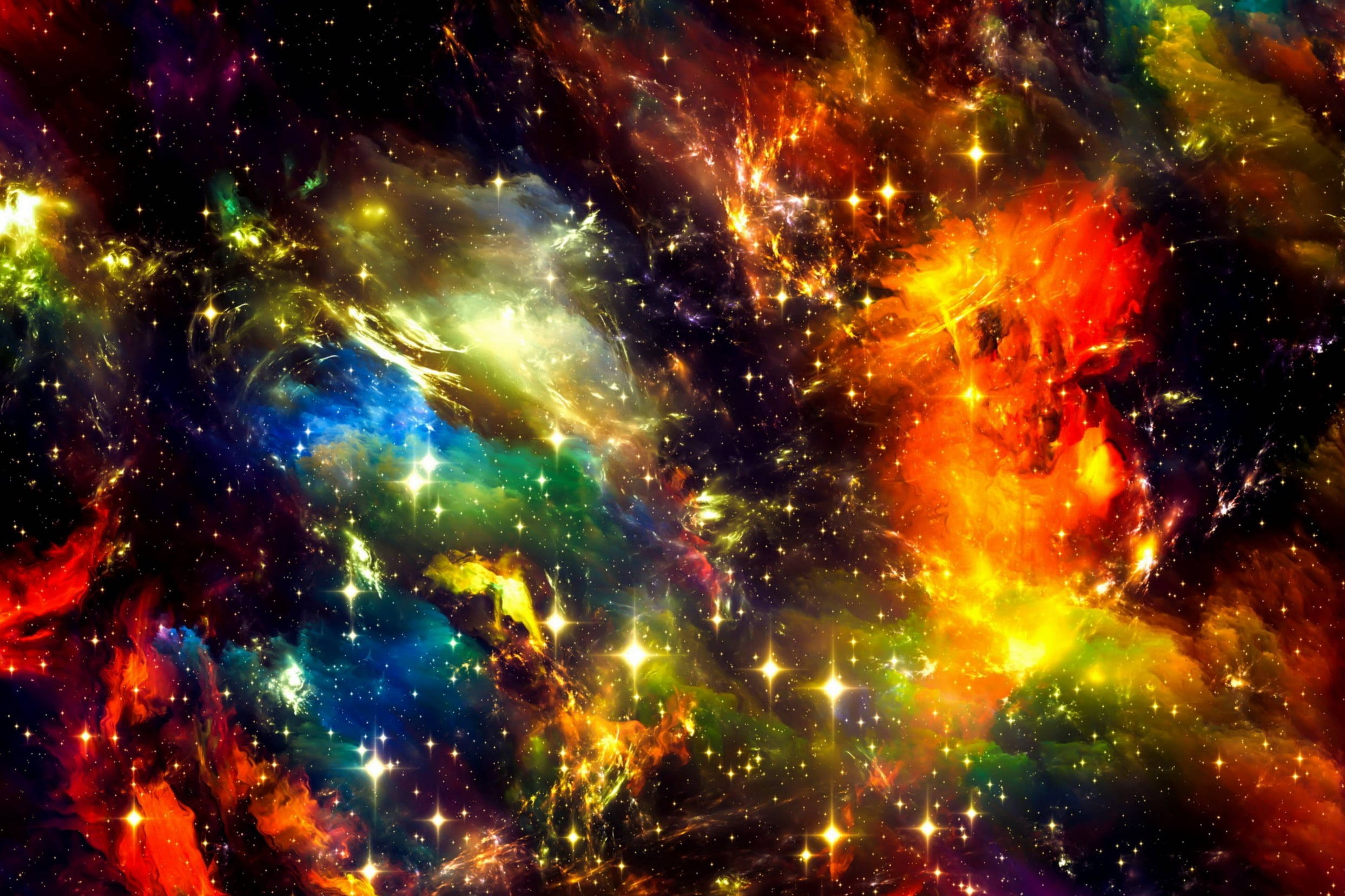 宇宙 桌布 壁紙 — 充滿活力的宇宙星雲，火紅橙色和電光藍色的雲層翻滾，閃爍的星星在深邃的黑色太空中發光。