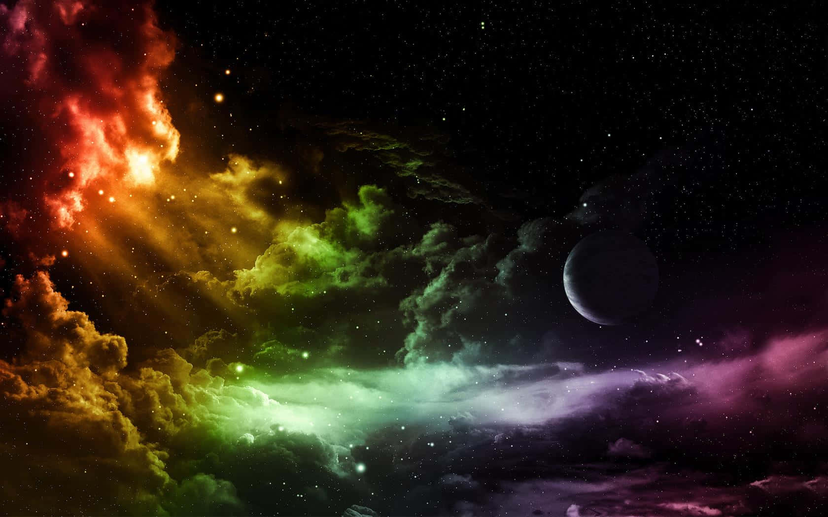 Colorful Space 桌布 壁紙 — 充滿活力的宇宙星雲，火紅橙色和電光綠色的雲層環繞著新月，背景是星場。