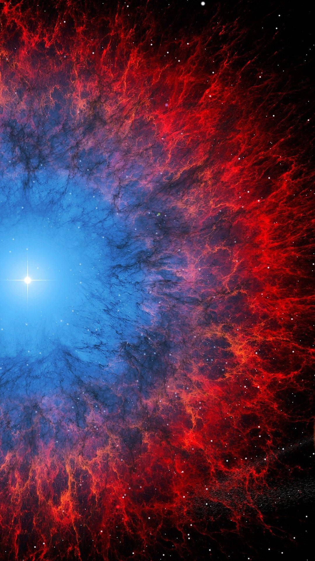 太空電話 桌布 壁紙 — 充滿活力的宇宙星雲，火紅色的觸鬚在深藍色虛空和光芒四射的中心恆星周圍旋轉。