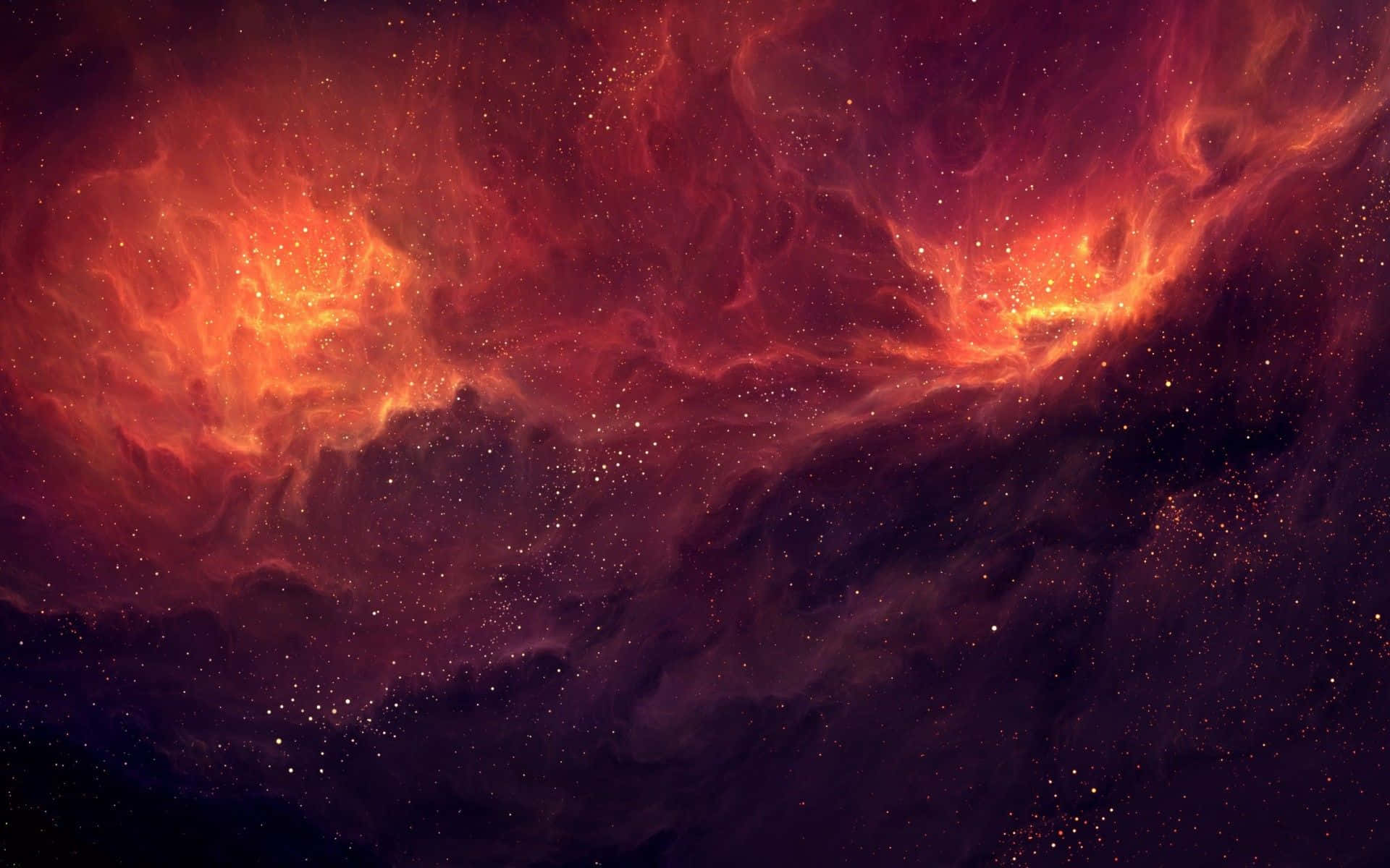 Aesthetic Red Pc 桌布 壁紙 — 充滿活力的宇宙星雲，熾熱的橙色和深紫色雲團在無數恆星中旋轉。