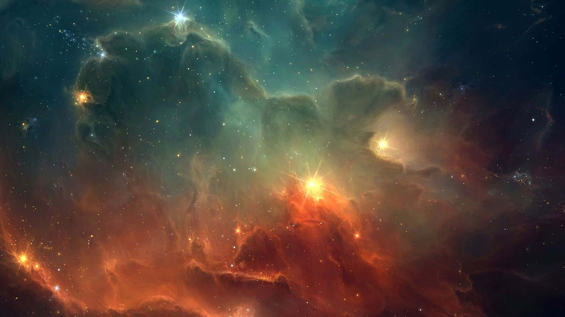 Beautiful Space 桌布 壁紙 — 充滿活力的宇宙星雲，發光的橙色和藍綠色雲朵圍繞著燦爛的恆星在黑暗虛空中旋轉。