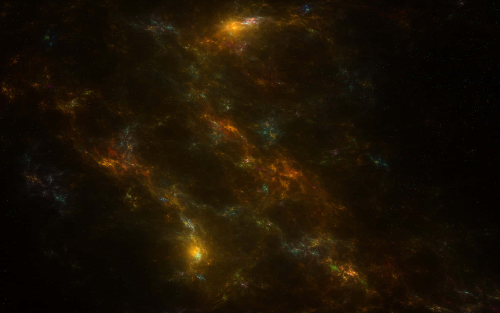 Yellow Galaxy 桌布 壁紙 — 充滿活力的宇宙星雲，發光的橙色和藍綠色絲狀物在深邃的黑色虛空中旋轉，點綴著遙遠的星星。