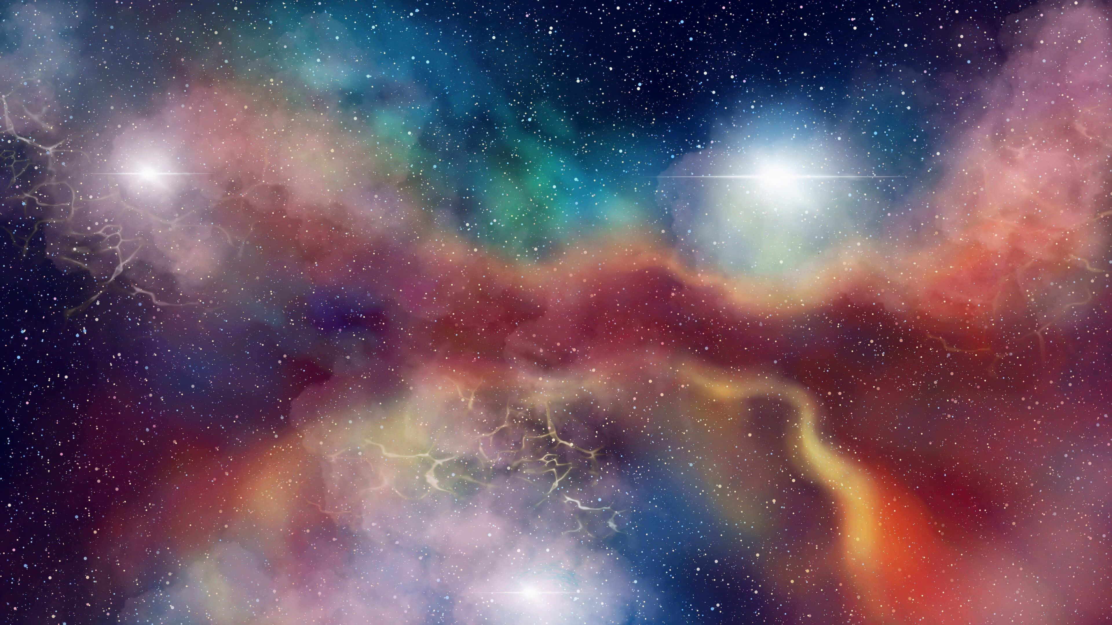 Colorful Space 桌布 壁紙 — 充滿活力的宇宙星雲，發光的氣體雲和明亮的星星在繁星點點的夜空中。