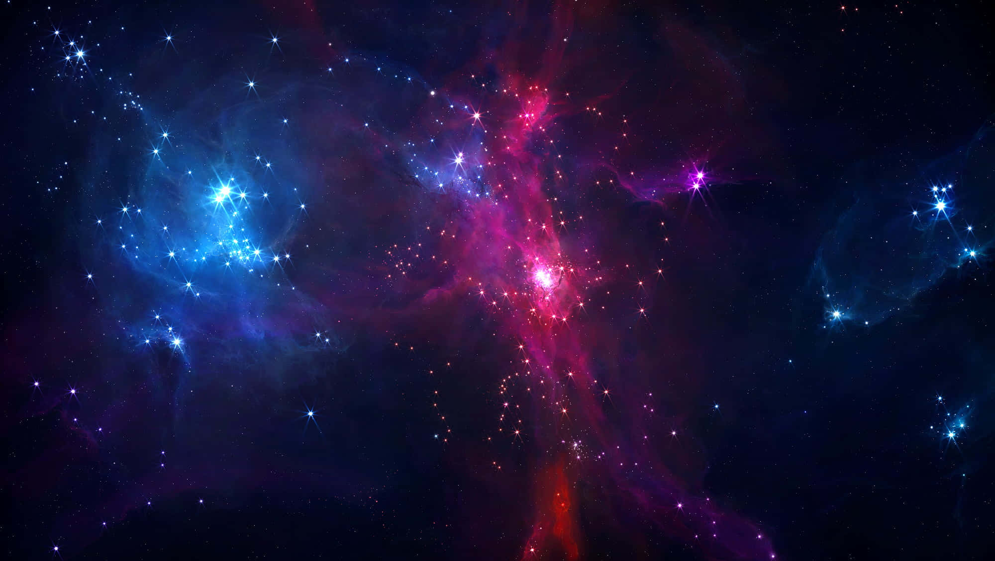 Black And Purple Galaxy 桌布 壁紙 — 充滿活力的宇宙星雲，發光的粉紅色、紫色和藍色雲朵圍繞著燦爛的恆星旋轉，背景是深邃的黑色虛空。