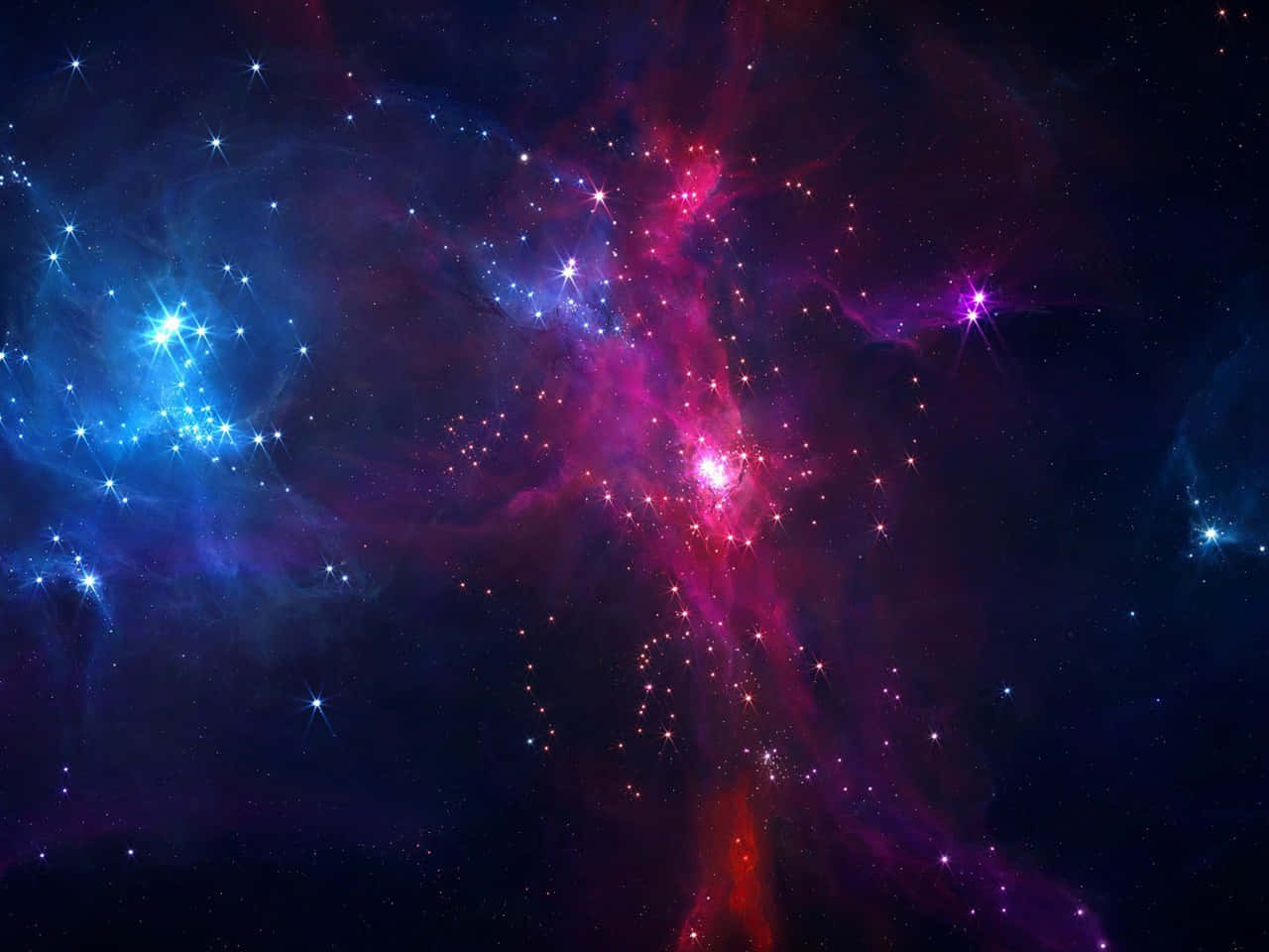 太空美學動圖 桌布 壁紙 — 充滿活力的宇宙星雲，發光的粉紅色、紫色和藍色雲團圍繞著燦爛的恆星旋轉，背景是深邃的黑色虛空。