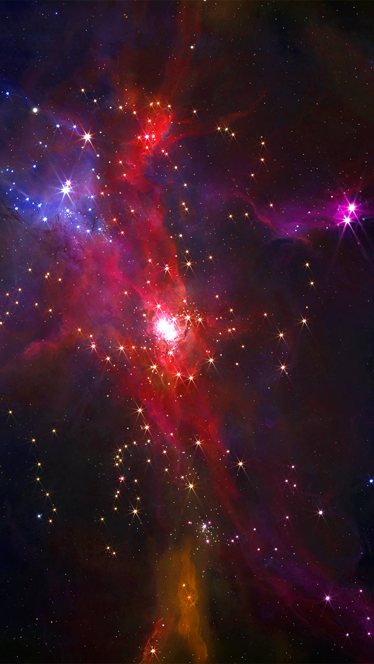 Red Star 桌布 壁紙 — 充滿活力的宇宙星雲，發光的紅色、紫色和藍色雲團在黑暗虛空中圍繞著燦爛恆星旋轉。