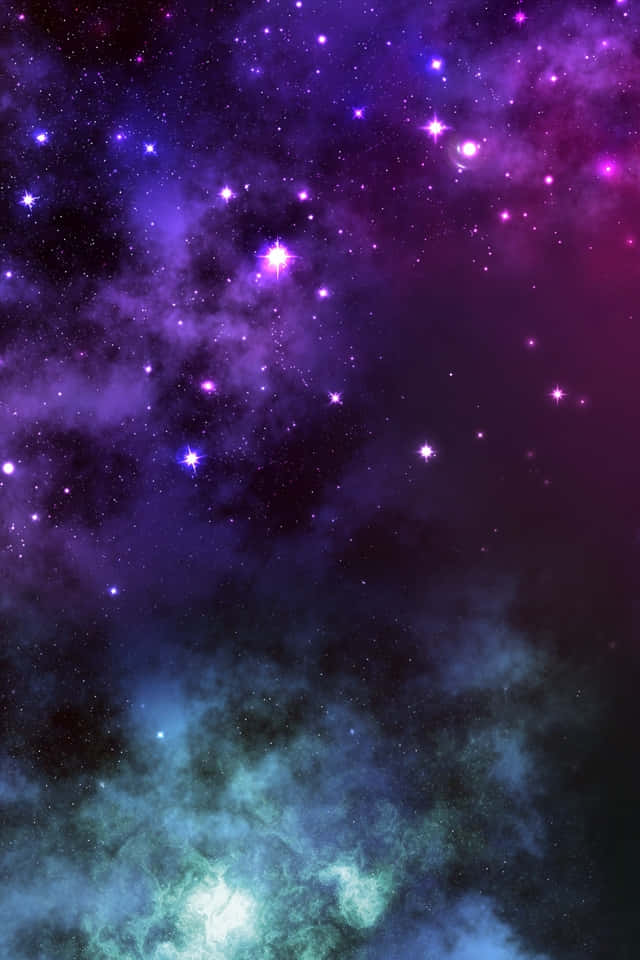 Pretty Aesthetic Computer 桌布 壁紙 — 充滿活力的宇宙星雲，發光的紫色、粉紅色和藍綠色雲朵在黑暗虛空中圍繞明亮恆星旋轉。