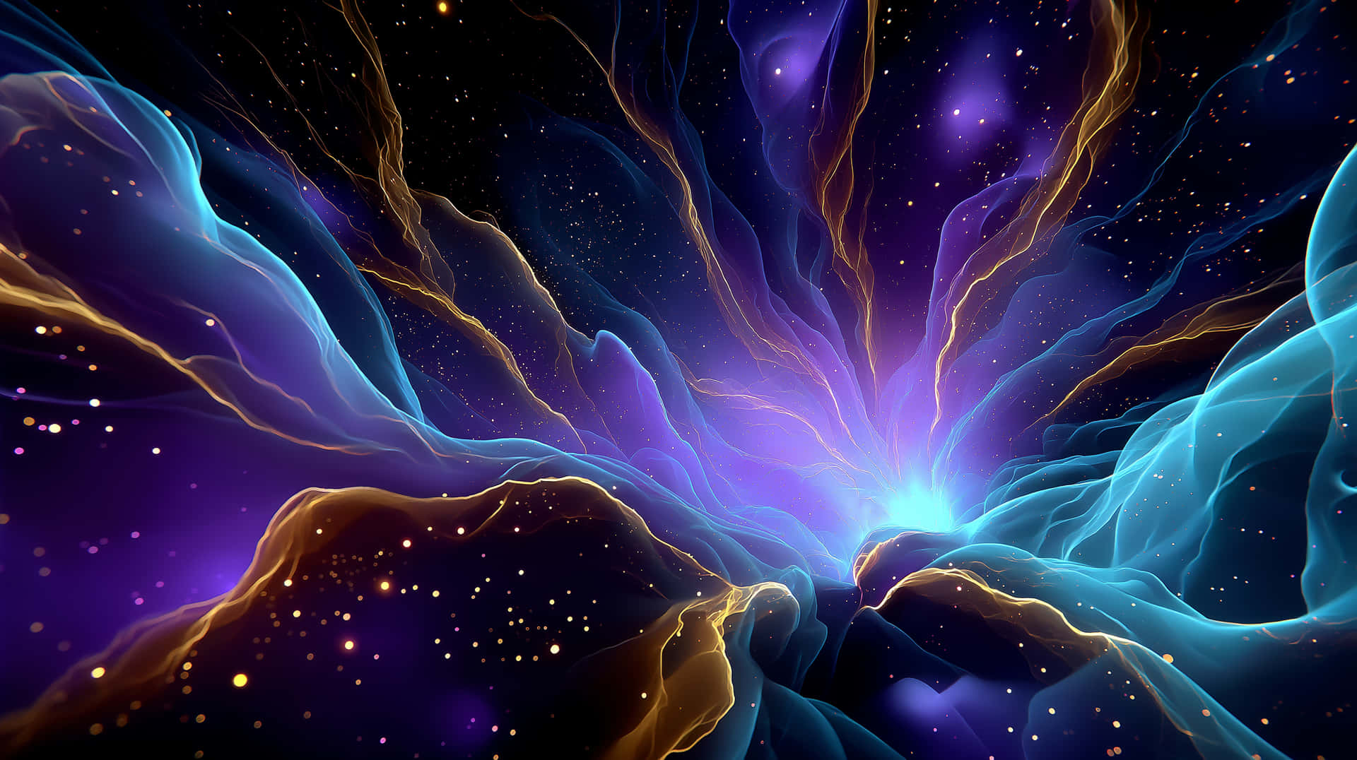 Vibrant Cosmic Nebula with Flowing Gas and Sparkling Stars 壁紙 — 充滿活力的宇宙星雲，發光的藍色和金色觸鬚從明亮的中心核心輻射出來，背景是繁星點點的黑暗天空。