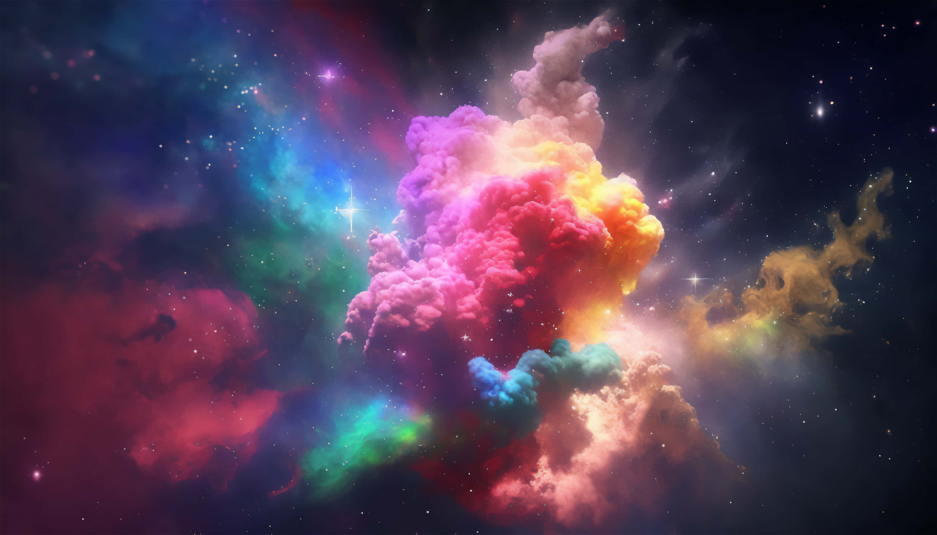 Galaxy Artwork 桌布 壁紙 — 充滿活力的宇宙星雲，粉紅、黃色和藍色的旋轉雲朵在星空中閃耀。