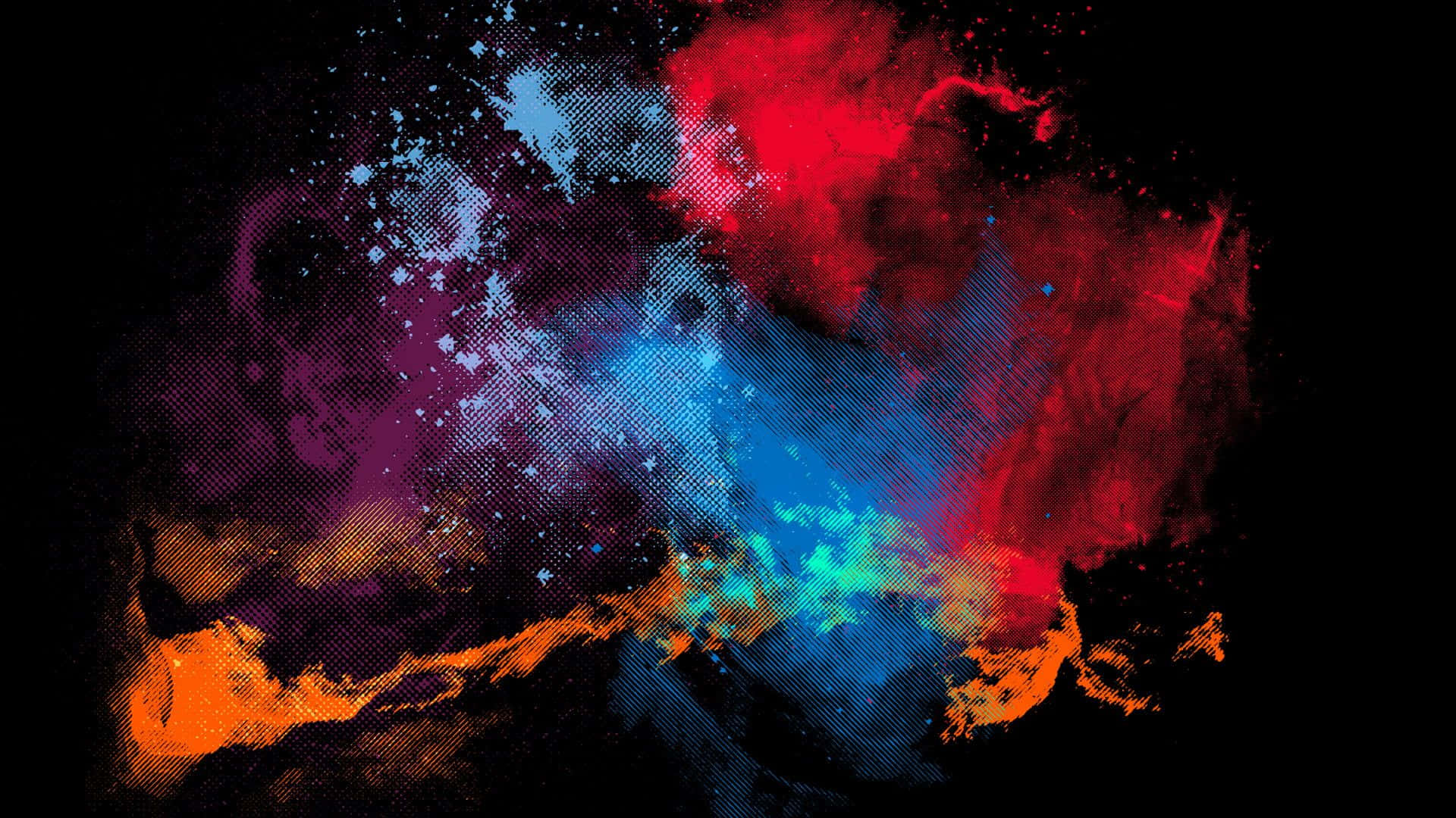 Dark Digital Art 桌布 壁紙 — 充滿活力的宇宙星雲，紅色、藍色和橙色色調在黑色背景上旋轉，帶有半色調紋理。