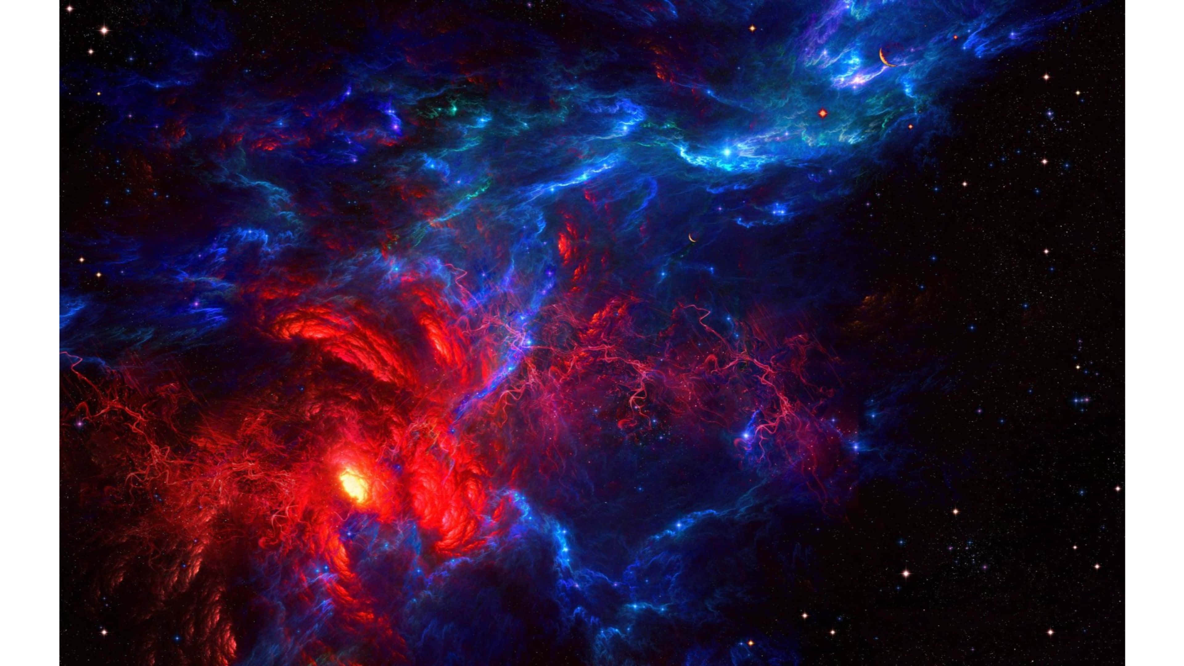 4K 太空 桌布 壁紙 — 充滿活力的宇宙星雲，紅色和藍色氣體漩渦，發光的星星在黑暗虛空中。