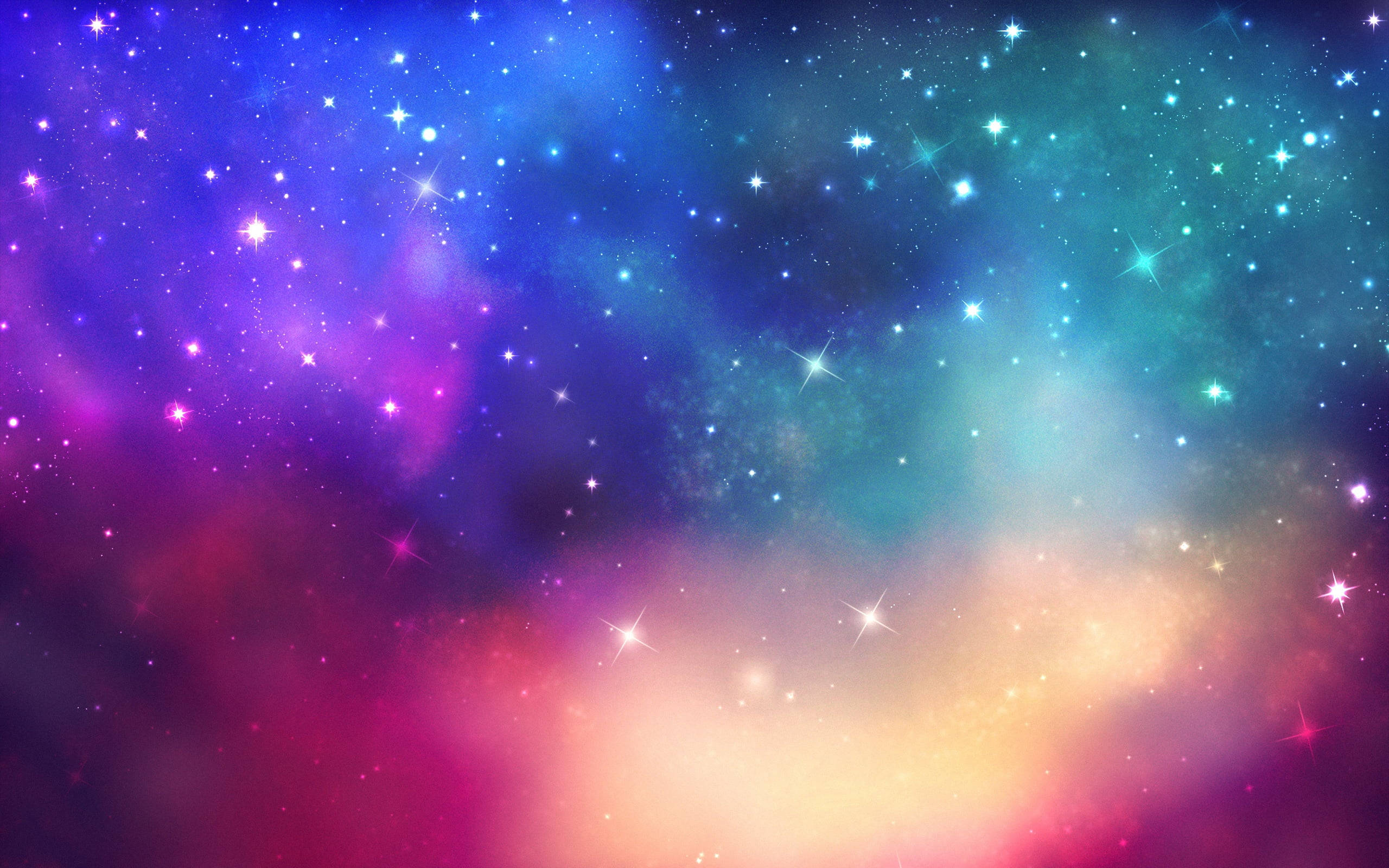Blue Glitter 桌布 壁紙 — 充滿活力的宇宙星雲，閃爍的星星在夢幻般的星系中散發著紫色、藍色、藍綠色和粉紅色的色調。