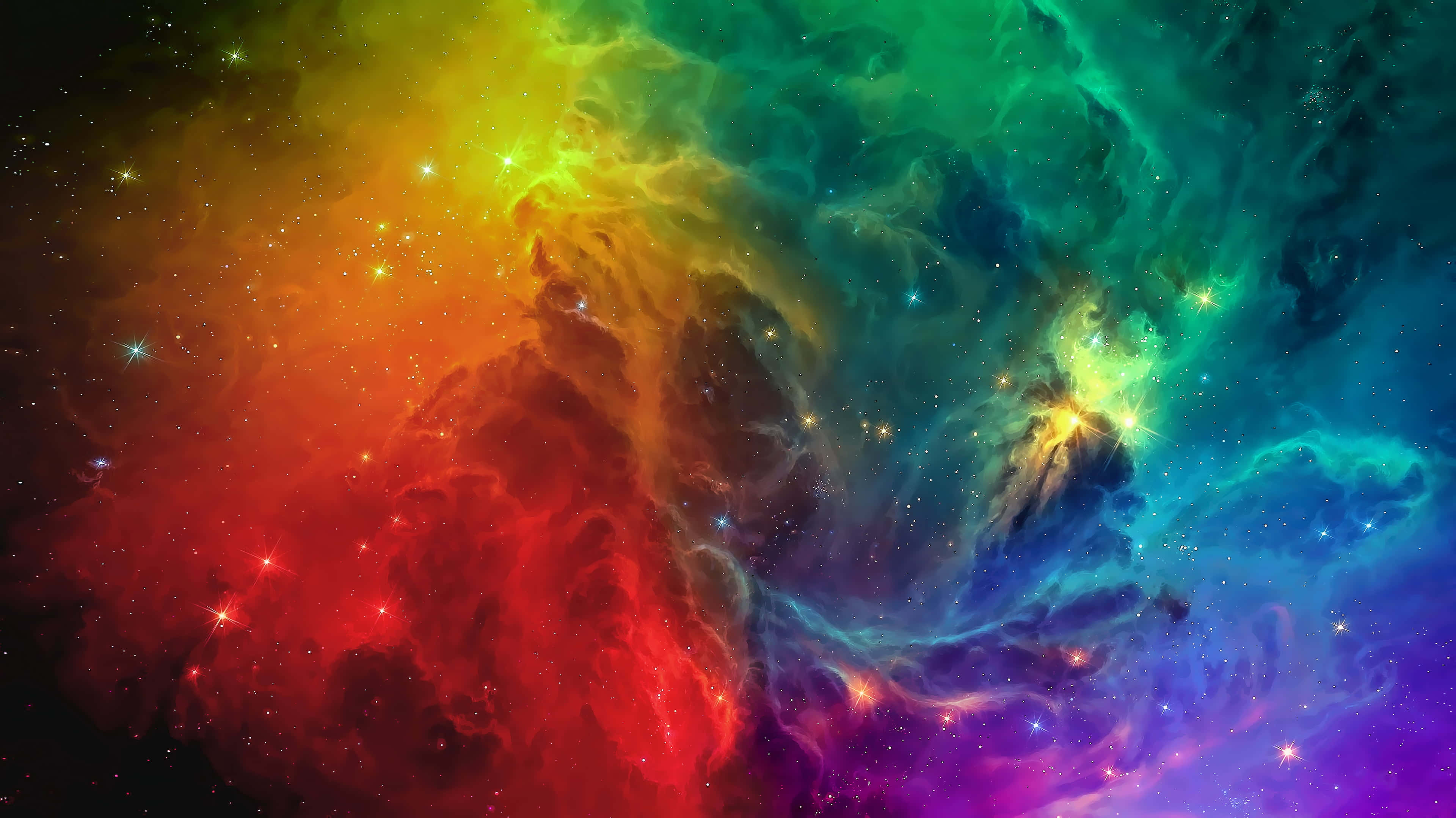 太空 桌布 壁紙 — 充滿活力的宇宙星雲以彩虹色調旋轉，閃爍的星星在黑暗虛空中。