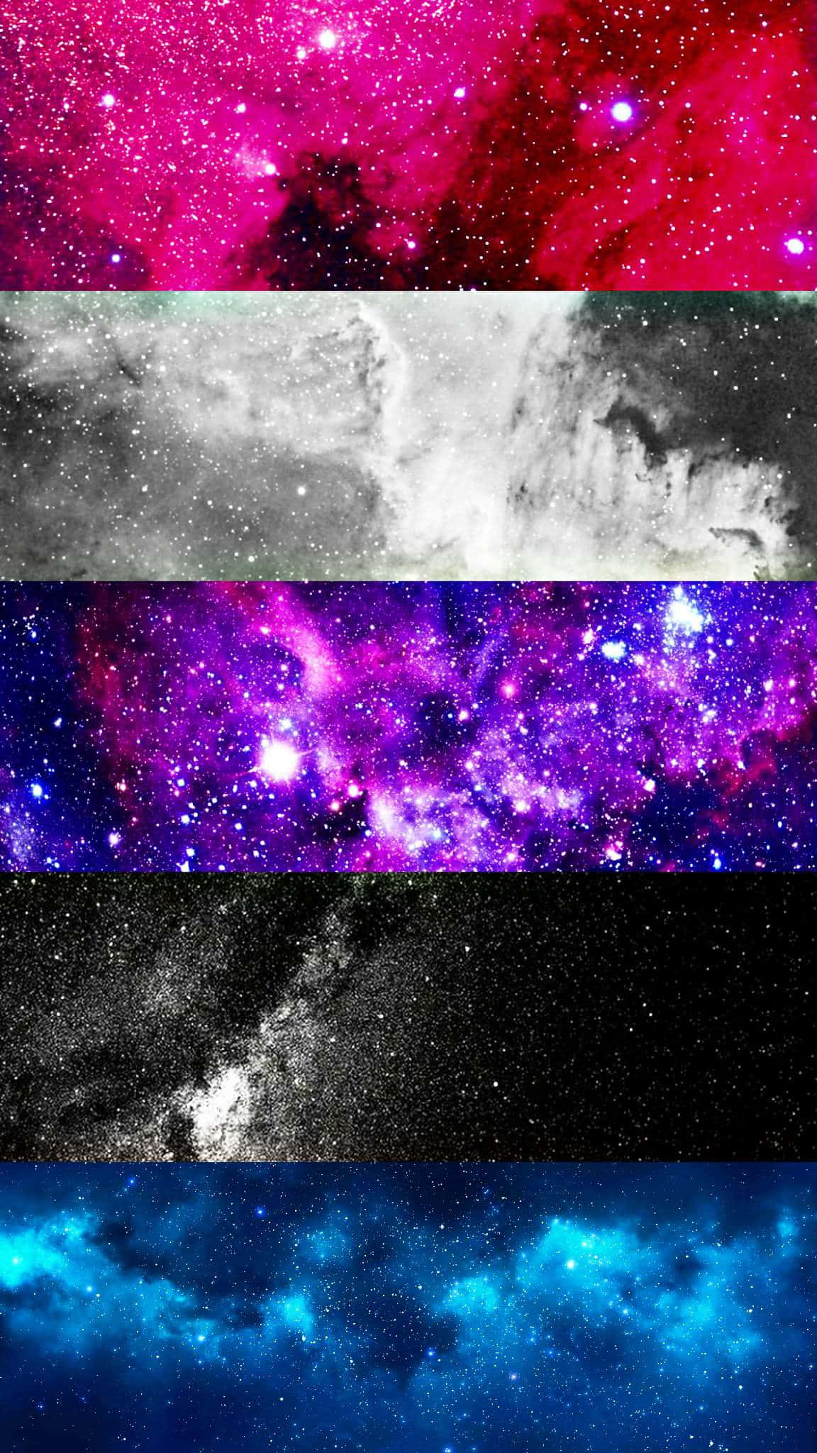 Lgbt Phone 桌布 壁紙 — 充滿活力的宇宙星雲以洋紅色紫色和藍綠色發光，並在五個不同的太空場景中閃爍著星星。
