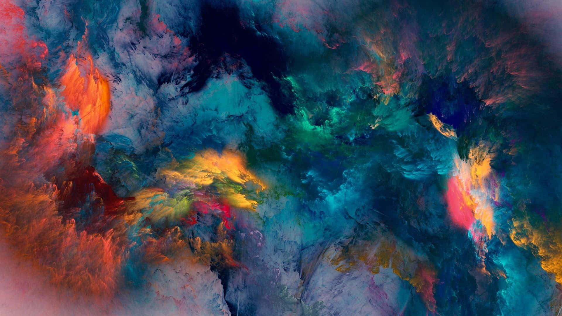 Space Art 桌布 壁紙 — 充滿活力的宇宙星雲以火熱的橙色、藍綠色和深靛藍色旋轉，帶有柔軟的雲狀紋理。