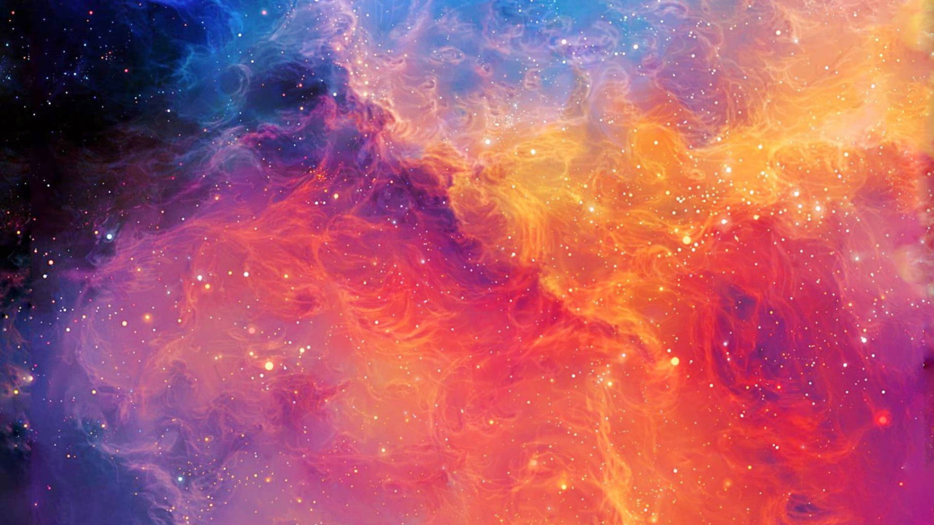 銀河 桌布 壁紙 — 充滿活力的宇宙星雲以火熱的橙色和冷藍色旋轉，深空中散佈著發光的星星。