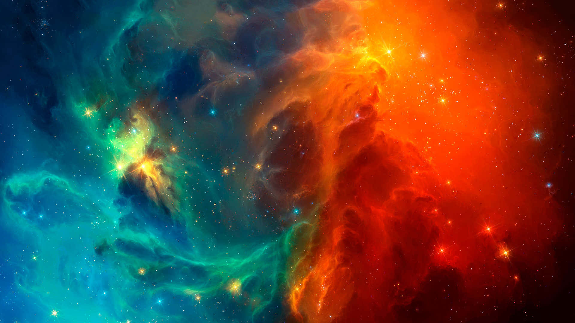 星雲 桌布 壁紙 — 充滿活力的宇宙星雲以火熱的橙色和電光藍綠色旋轉，閃爍的星星散落在深邃的太空中。
