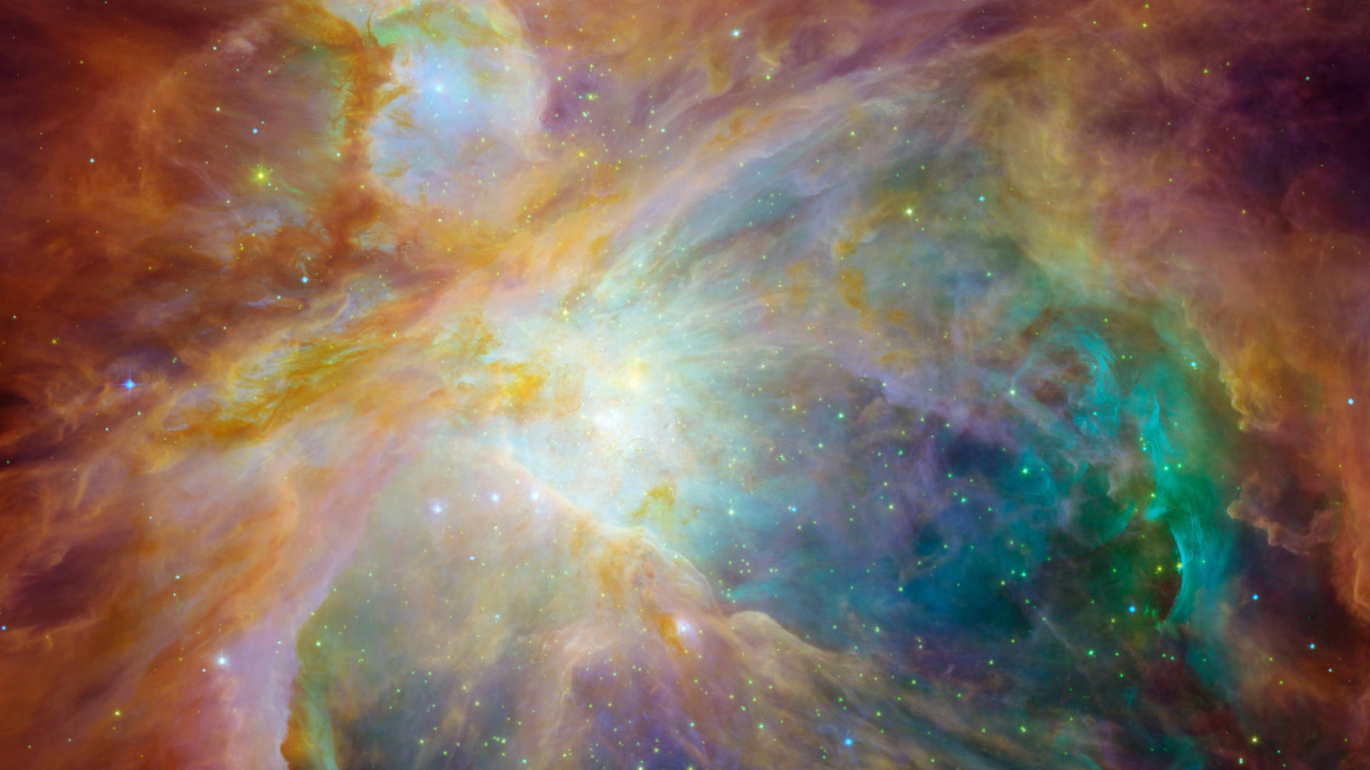 宇宙美學 桌布 壁紙 — 充滿活力的宇宙星雲以火熱的橙色和冷色調的青綠色旋轉，閃爍的星星散落在深空中。