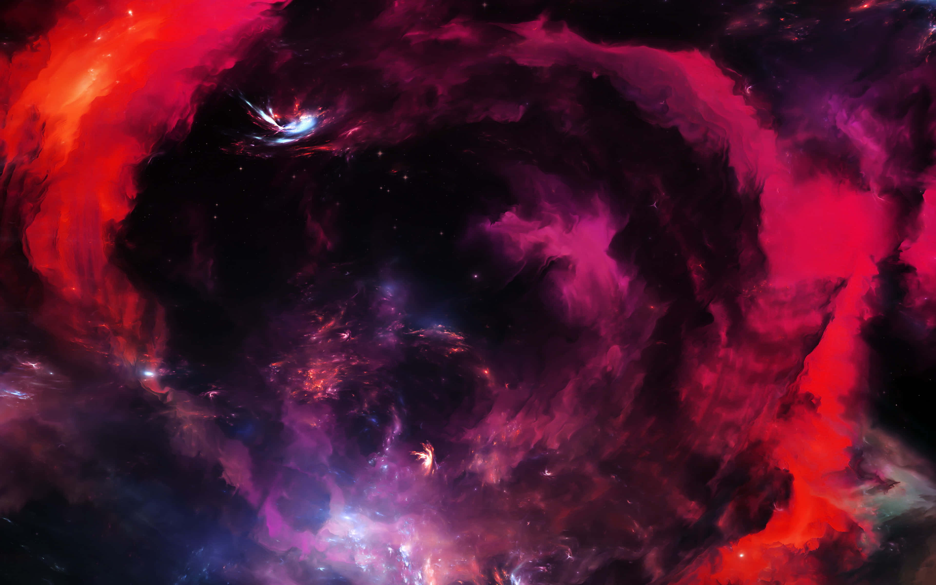 Red Galaxy 桌布 壁紙 — 充滿活力的宇宙星雲以火紅、紫色和深黑色旋轉，散佈著發光的星星。
