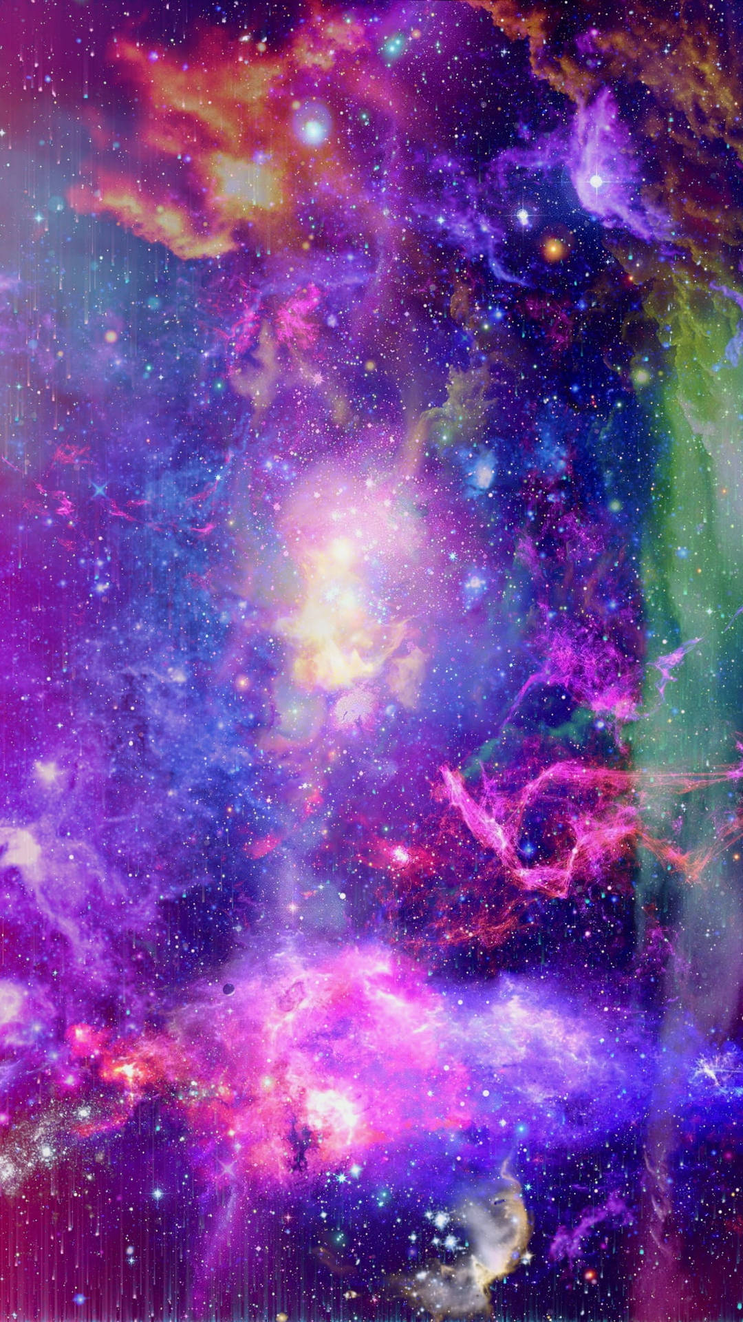 彩虹 桌布 壁紙 — 充滿活力的宇宙星雲以紫色、粉紅色和藍色旋轉，伴有發光的星星和宇宙塵埃雲。