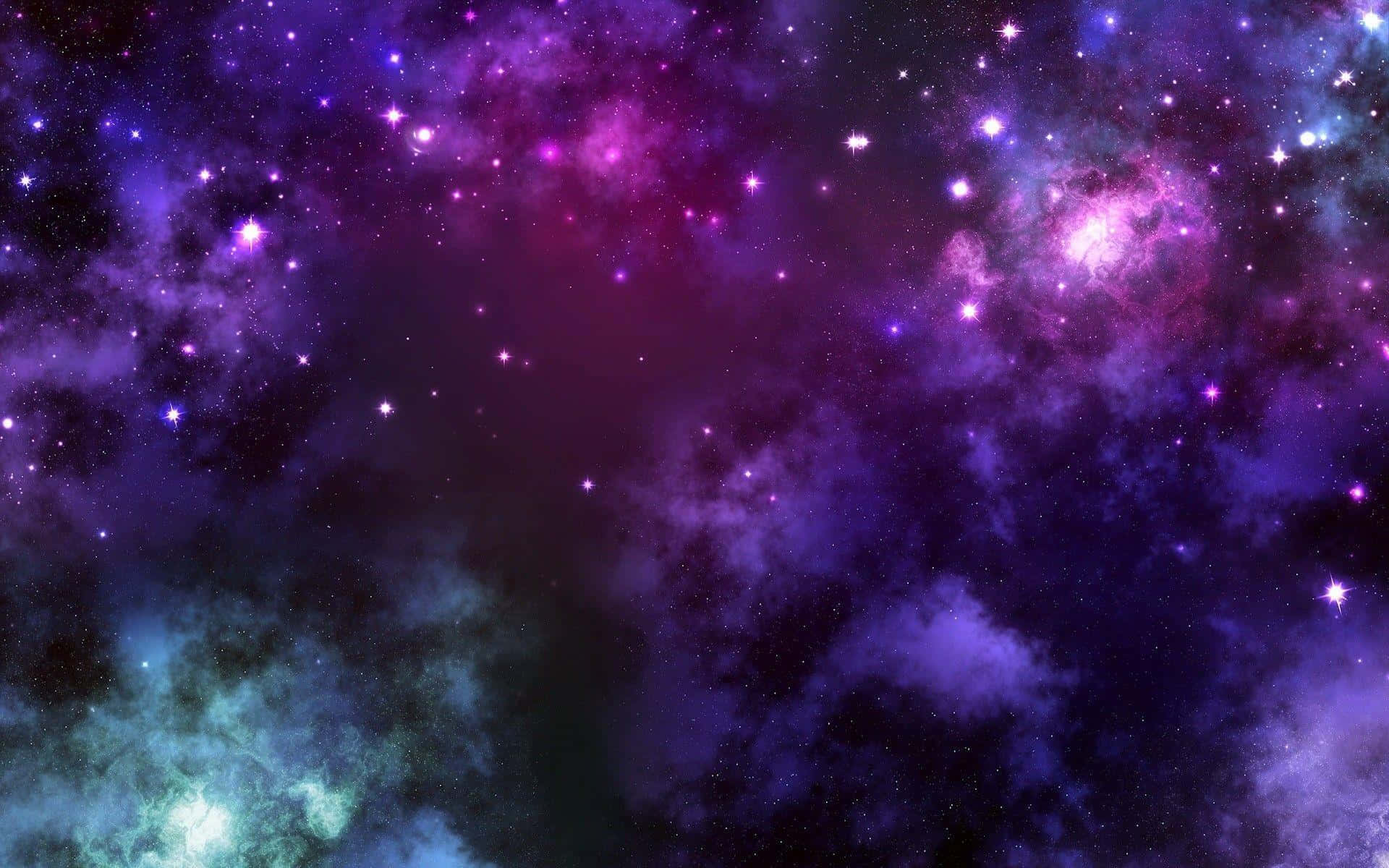 Purple Space 桌布 壁紙 — 充滿活力的宇宙星雲以紫色、粉紅色和藍綠色旋轉，伴隨著閃爍的星星，映襯在黑暗的虛空中。