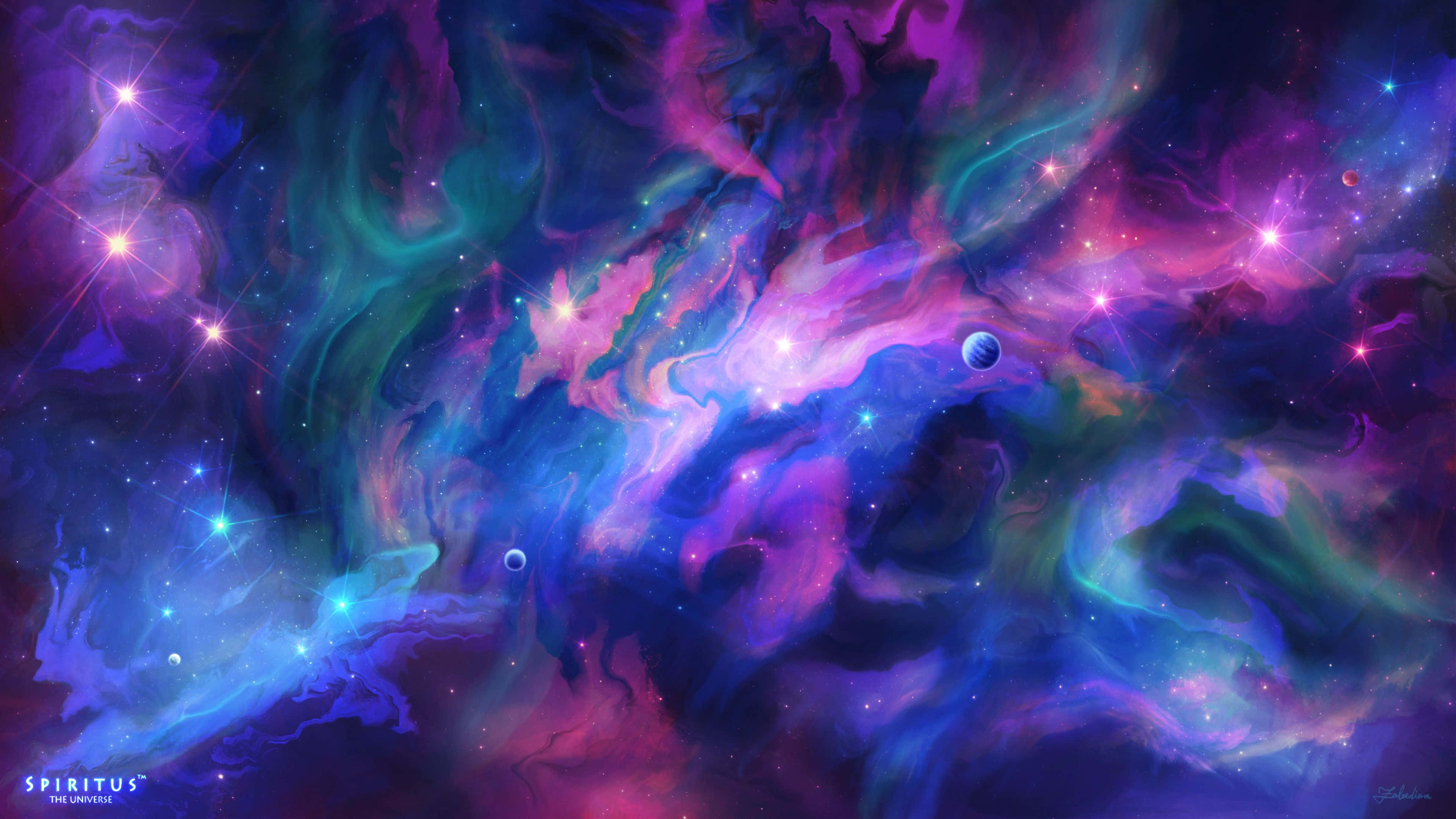 Cosmic 4K 桌布 壁紙 — 充滿活力的宇宙星雲以電光紫、粉紅和藍色旋轉，伴隨著發光的星星和漂浮的行星。