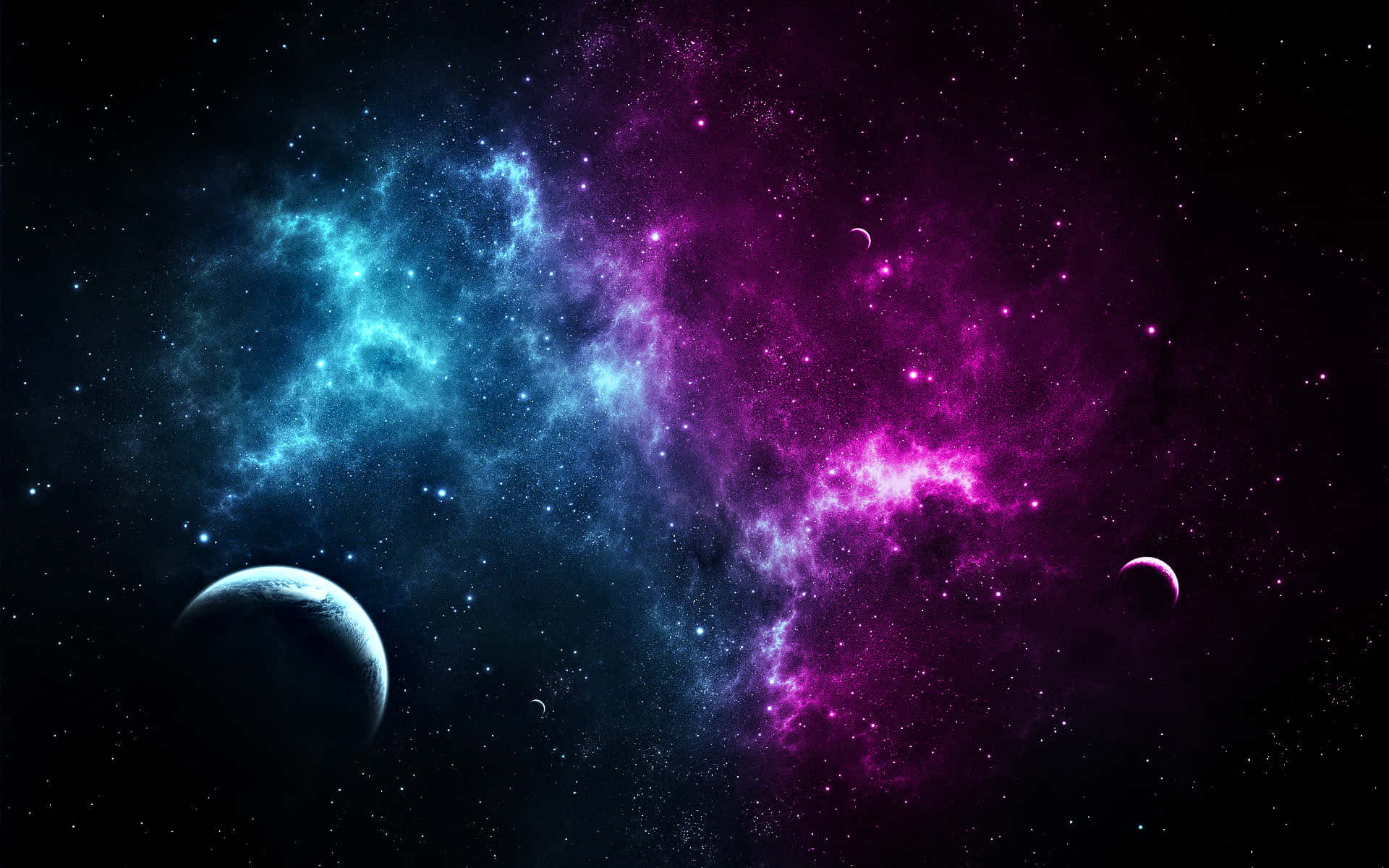 銀河 桌布 壁紙 — 充滿活力的宇宙星雲以電光藍和洋紅色旋轉穿過星場，兩顆行星在深空中漂流。