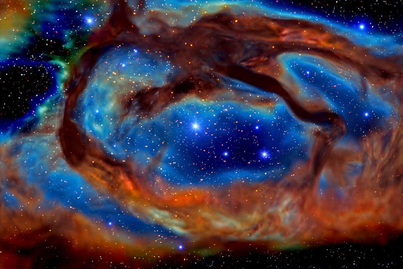 Real Space 桌布 壁紙 — 充滿活力的宇宙星雲以電光藍和火熱橙色旋轉，深空中散佈著發光的星星。