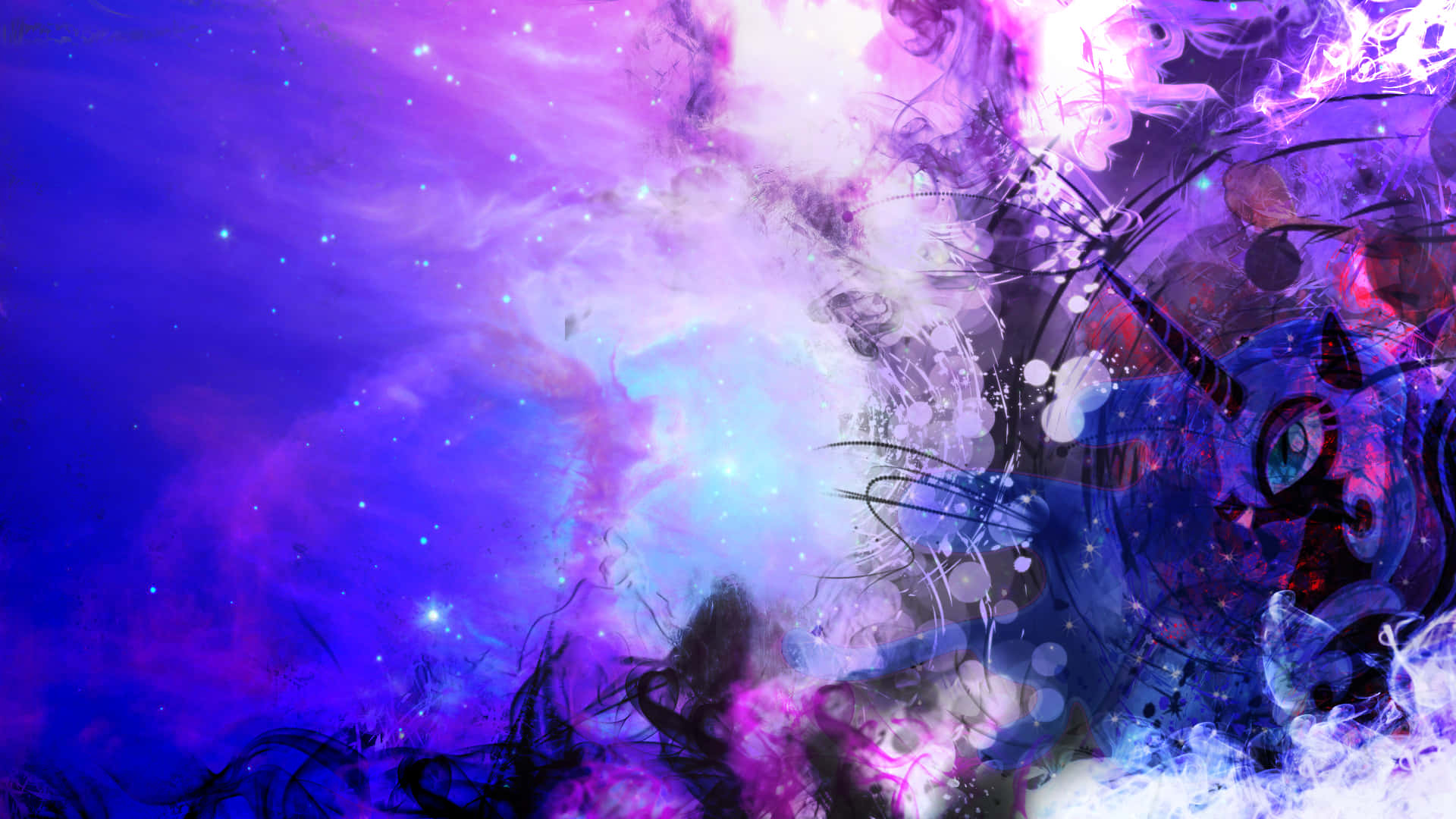 Nightmare Moon 桌布 壁紙 — 充滿活力的宇宙星雲以電紫色、藍色和白色旋轉，帶有發光的星星和抽象數位藝術元素。