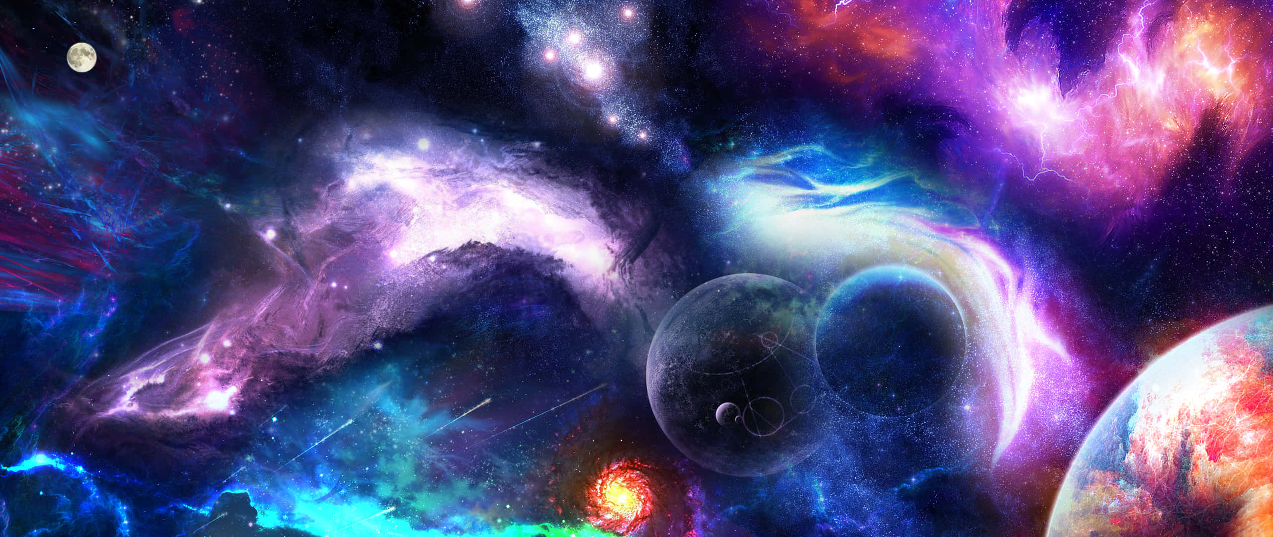 Space Zoom 桌布 壁紙 — 充滿活力的宇宙星雲圍繞著發光的行星和遙遠的恆星旋轉，構成令人嘆為觀止的太空景觀。