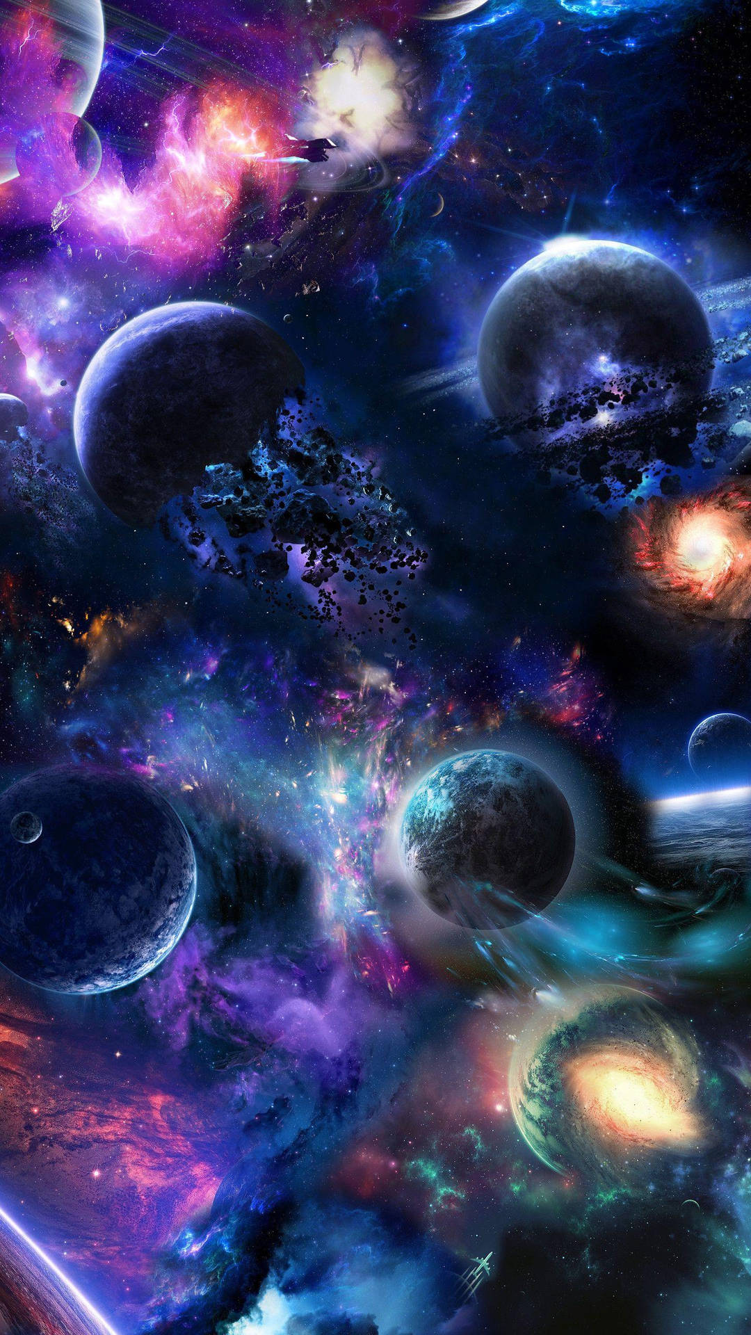 在深空中，色彩繽紛的星雲和發光的行星構成令人眼花撩亂的宇宙場景。