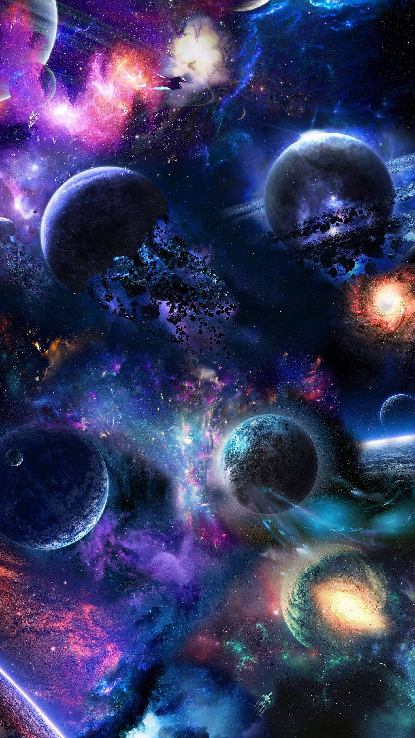 太空電話 桌布 壁紙 — 充滿活力的宇宙星雲圍繞著發光的行星和遙遠的星系旋轉，構成令人驚嘆的太空景觀。