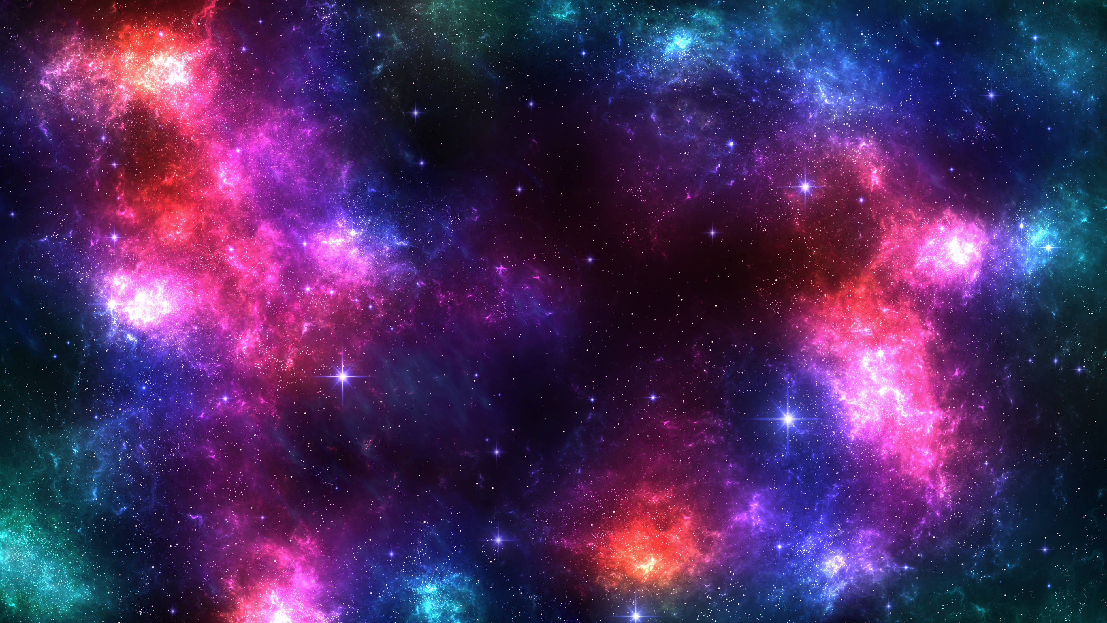 Space 2560x1440 桌布 壁紙 — 充滿活力的宇宙星雲在佈滿星光的黑色虛空中，以電光粉紅、紫色和藍綠色旋轉。