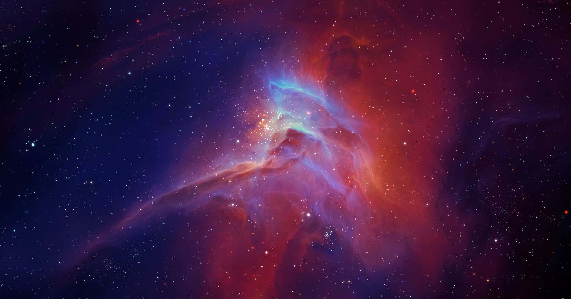 酷炫太空 桌布 壁紙 — 充滿活力的宇宙星雲在佈滿星星的深空背景下，以火紅和電藍色旋轉。