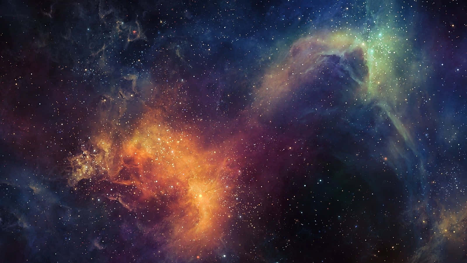 Space Art 桌布 壁紙 — 充滿活力的宇宙星雲在佈滿星星的深空背景下以火橙色和電光綠旋轉。