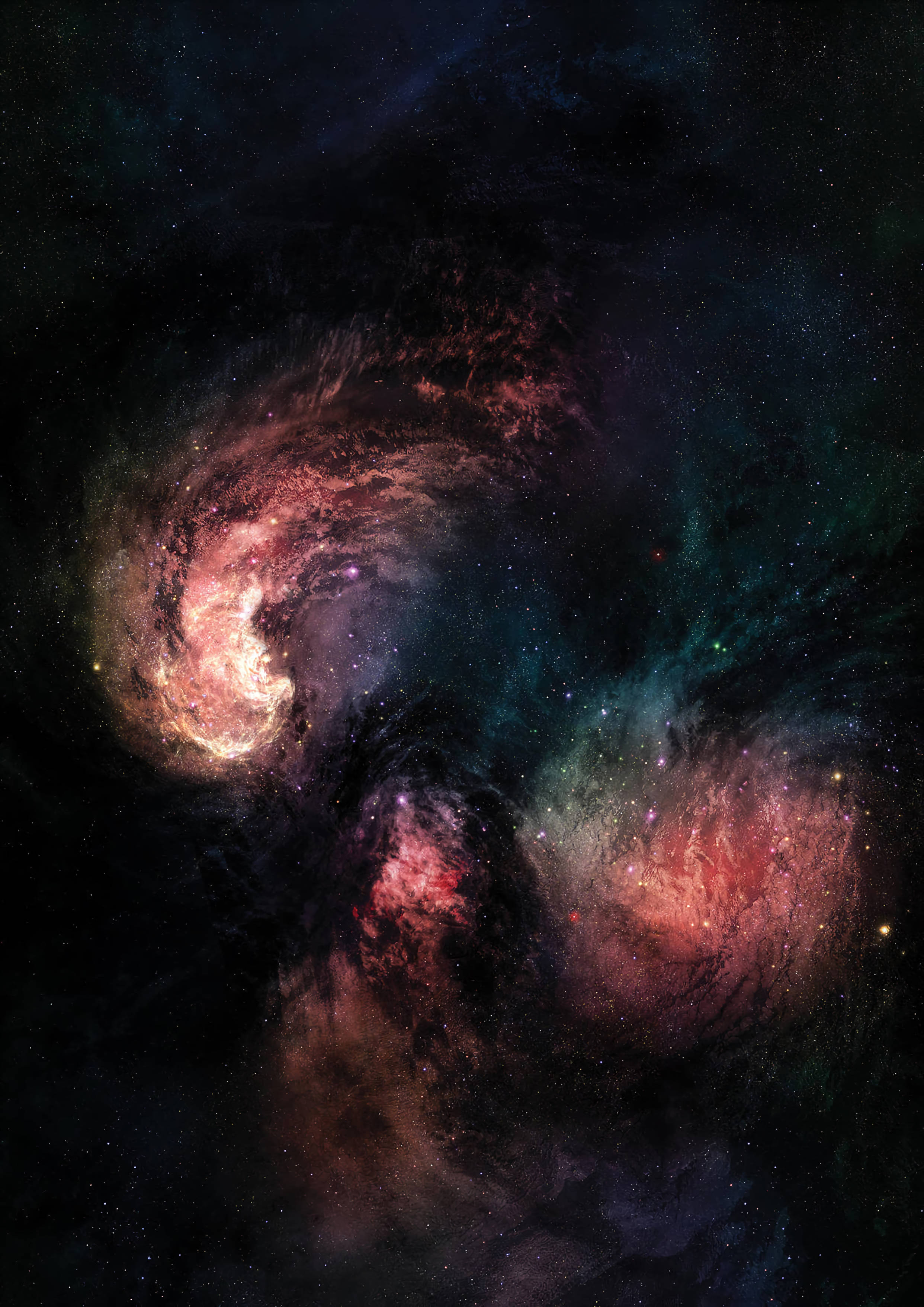 銀河 桌布 壁紙 — 充滿活力的宇宙星雲在佈滿星星的虛空中以火紅和冷青色旋轉。