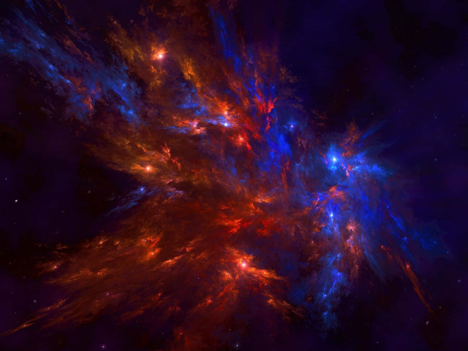 銀河 桌布 壁紙 — 充滿活力的宇宙星雲在佈滿星星的虛空中，以火紅和電光藍色旋轉。