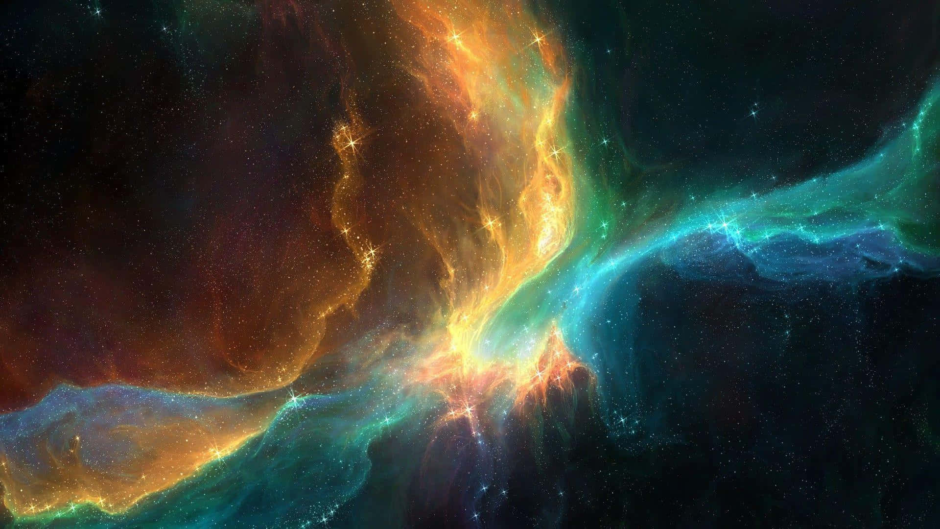 酷炫太空 桌布 壁紙 — 充滿活力的宇宙星雲在佈滿星星的虛空中以火熱的橙色和電光藍綠色旋轉。