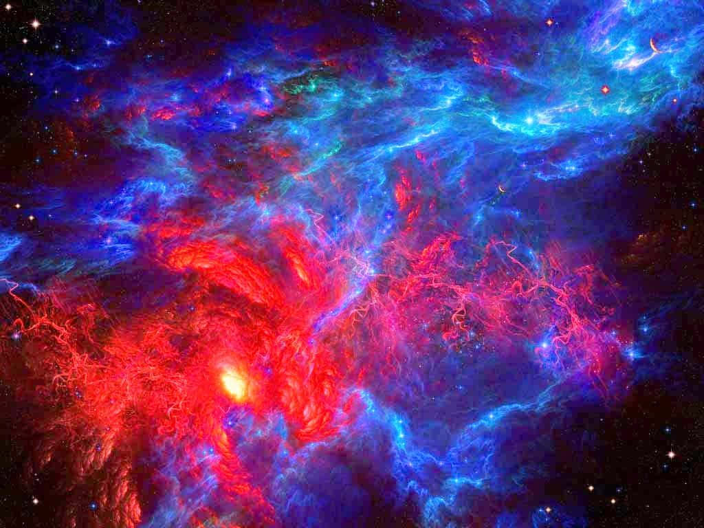 Supernova 桌布 壁紙 — 充滿活力的宇宙星雲在佈滿星星的虛空中以電光藍和火紅交織旋轉。