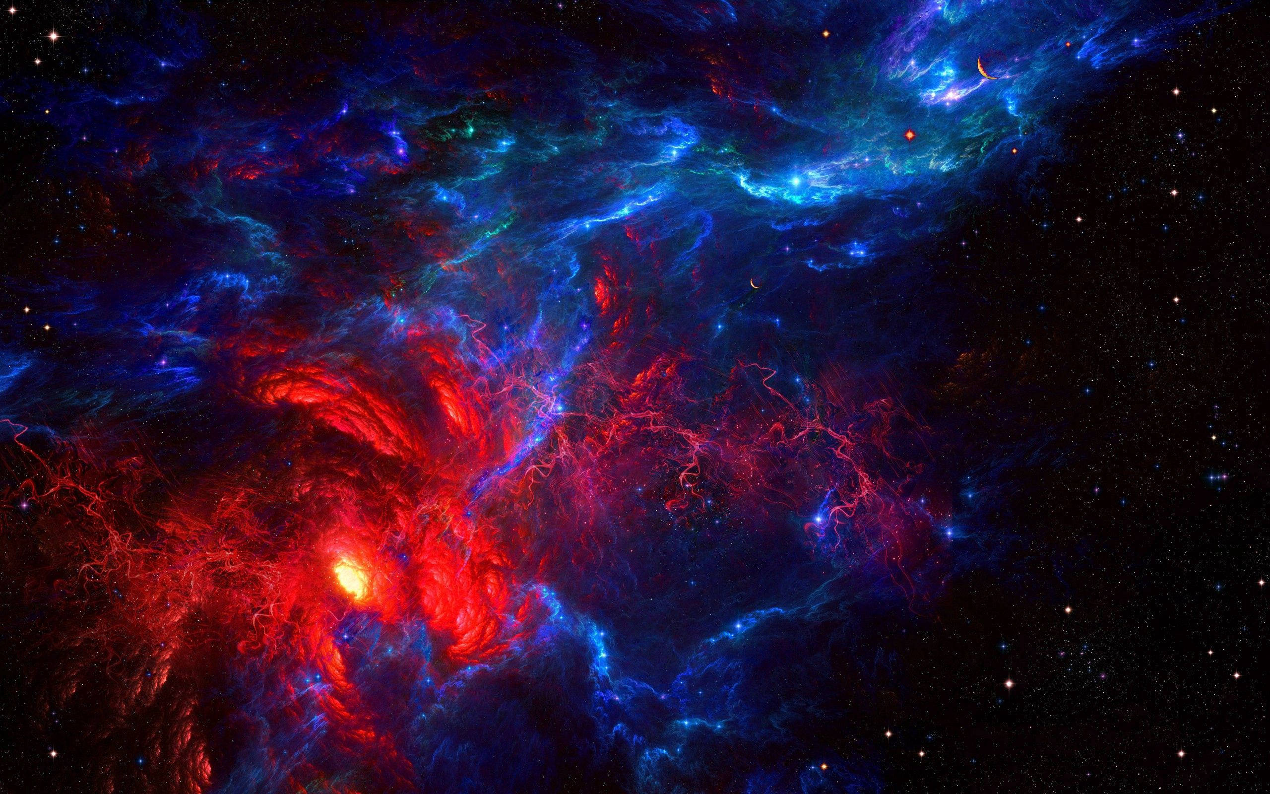 彩色動畫 桌布 壁紙 — 充滿活力的宇宙星雲在佈滿星星的虛空中以火紅色和電光藍色旋轉。