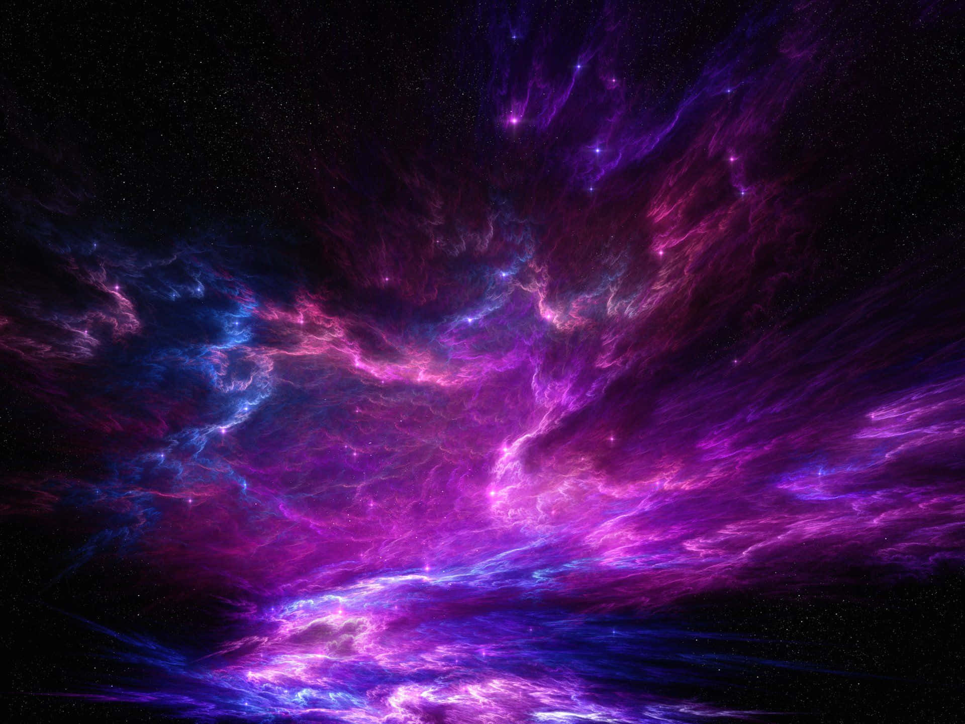 Purple Clouds 桌布 壁紙 — 充滿活力的宇宙星雲在佈滿星星的黑色虛空中以電光紫和藍色旋轉。