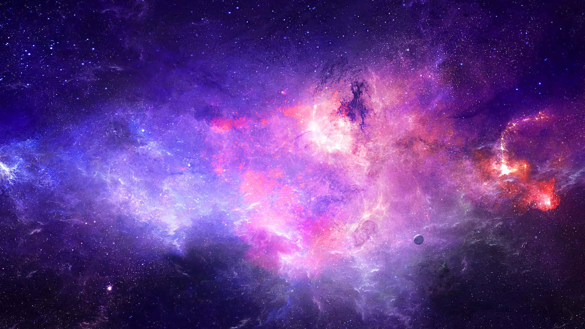 Galaxy Poster 桌布 壁紙 — 充滿活力的宇宙星雲在帶有遙遠行星的星場背景下，以電光紫、粉紅和藍色旋轉。