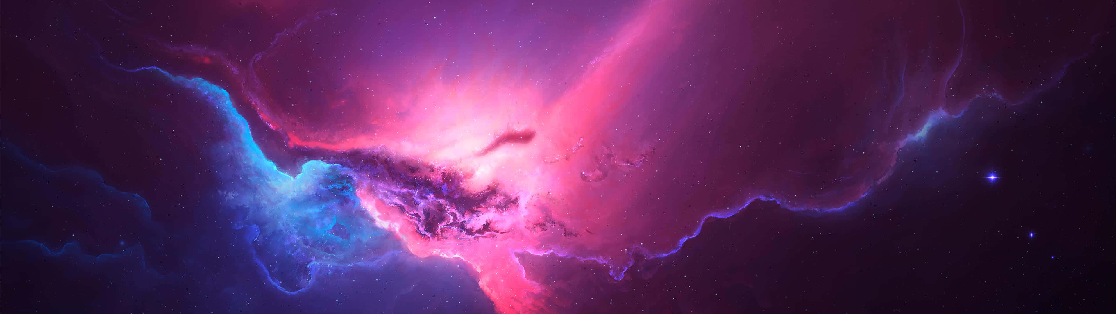 桌布 壁紙 — 充滿活力的宇宙星雲在星光虛空中以電光粉紅和深藍色旋轉。