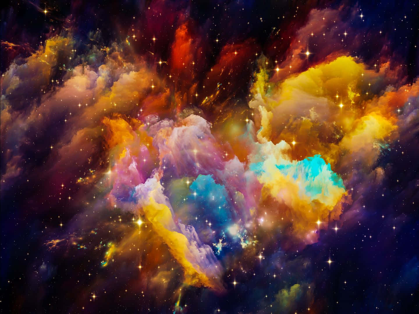 1440x1080 桌布 壁紙 — 充滿活力的宇宙星雲在星空中以火熱的橙色、粉紅色和電光藍色旋轉。