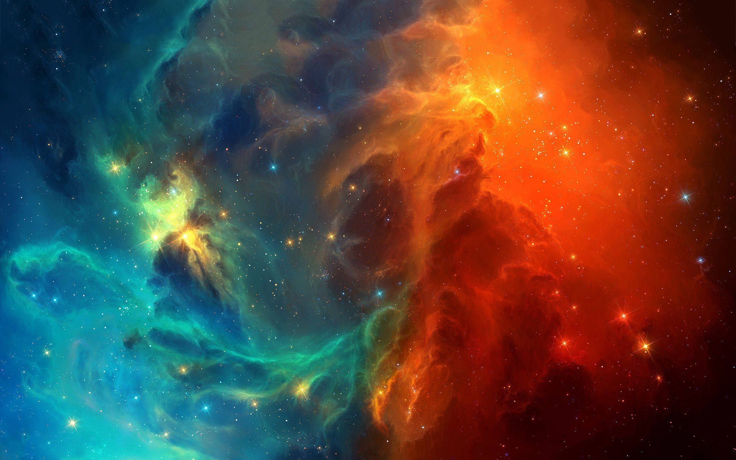 星雲 桌布 壁紙 — 充滿活力的宇宙星雲在星空中以火熱的橙色和電光藍綠色旋轉。